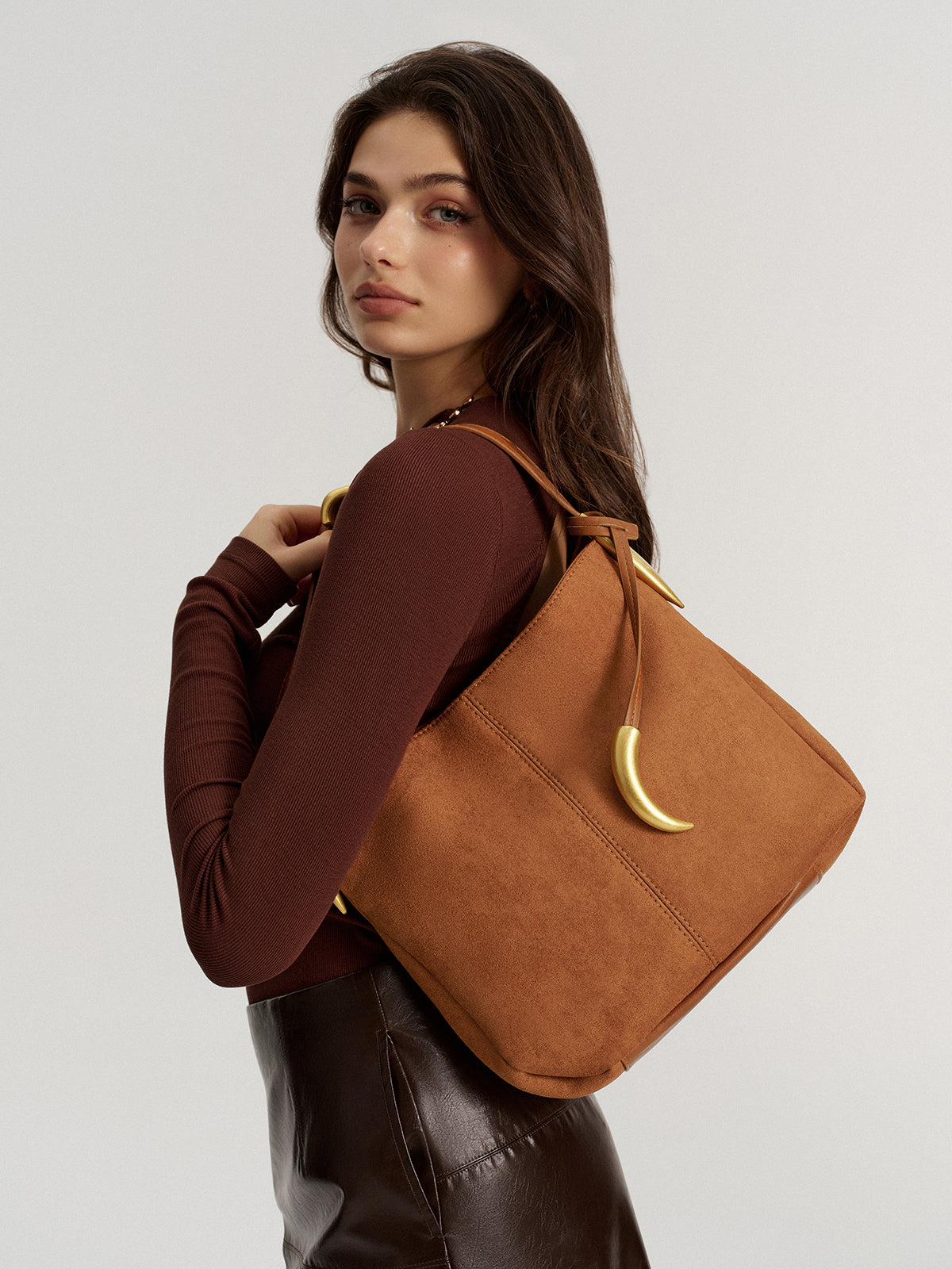 Metal Accent Faux Suede Hobo Bag-Chicvia