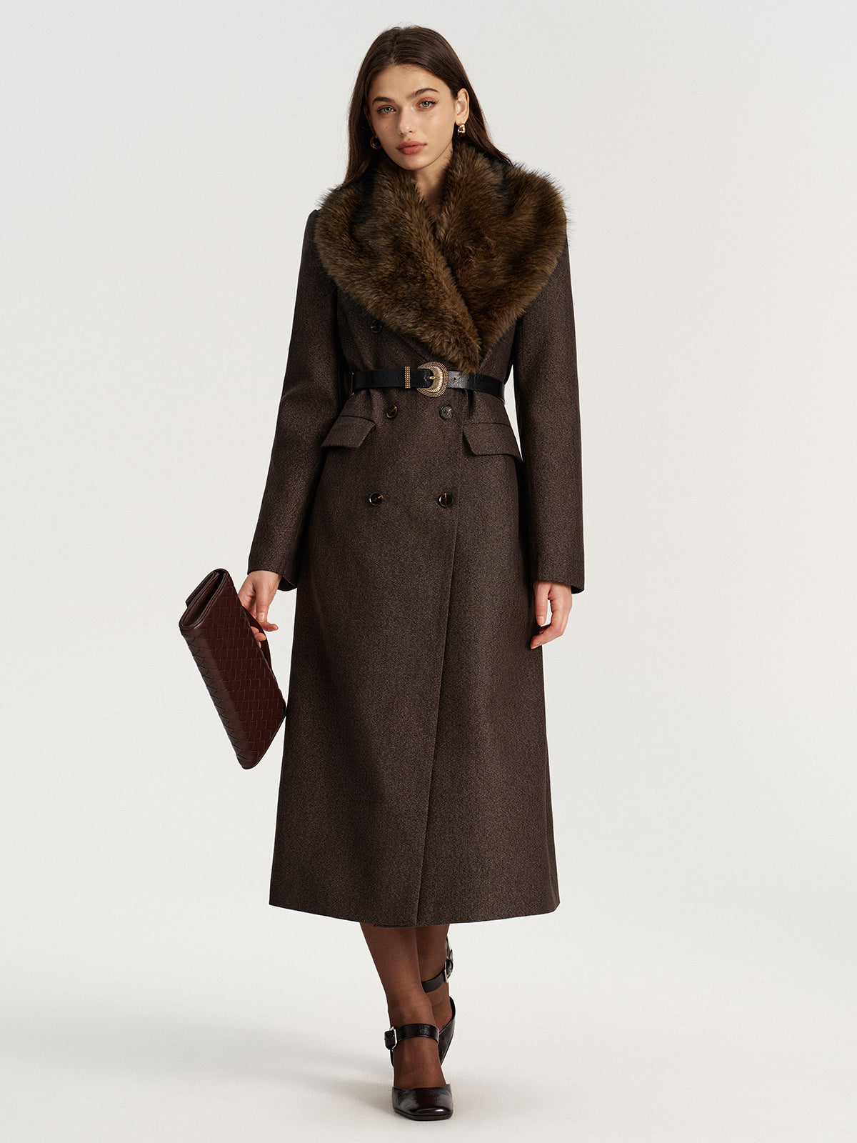 Faux Fur Collar Long Coat without Belt-Chicvia