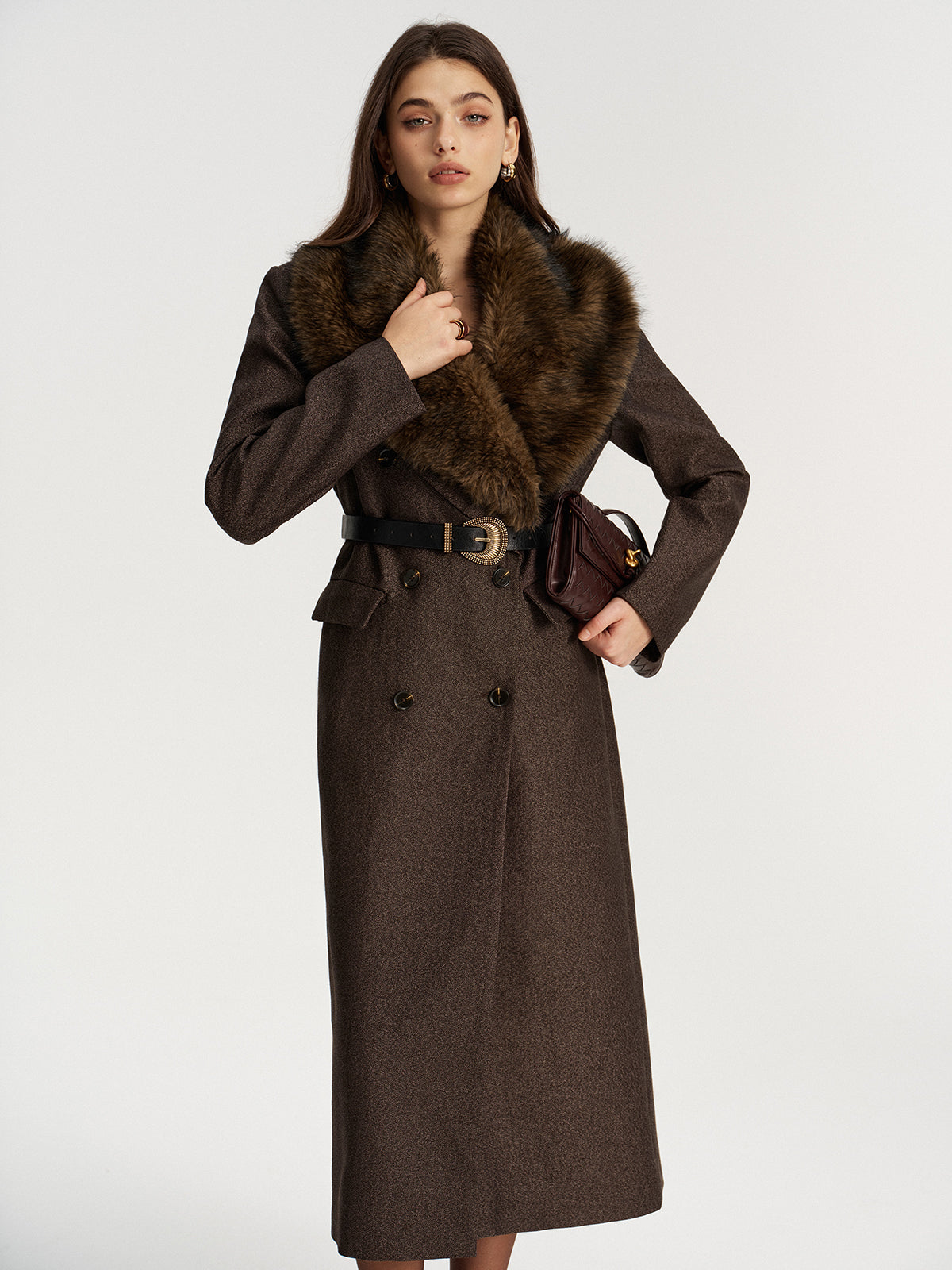 Faux Fur Collar Long Coat without Belt-Chicvia