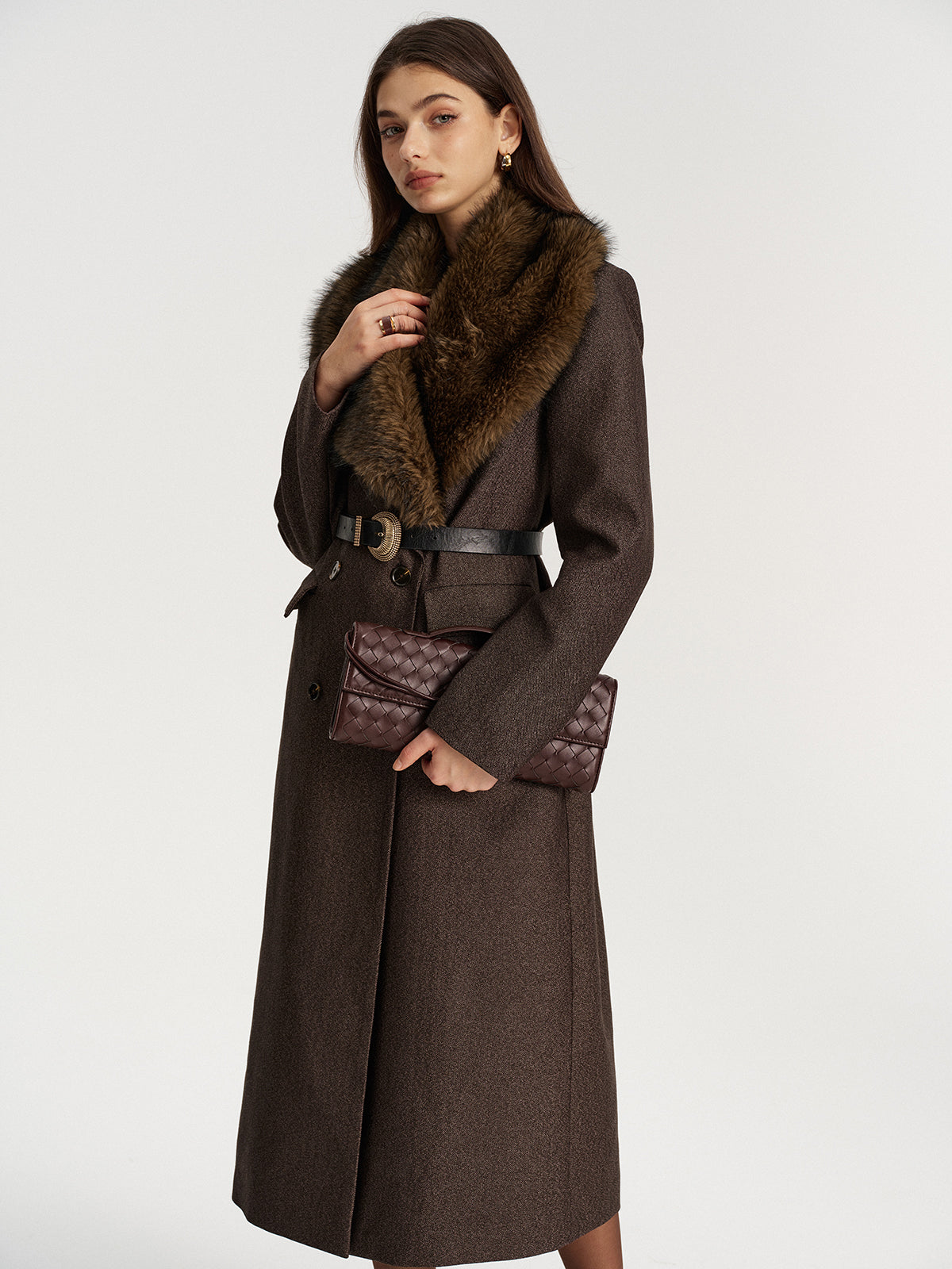 Faux Fur Collar Long Coat without Belt-Chicvia