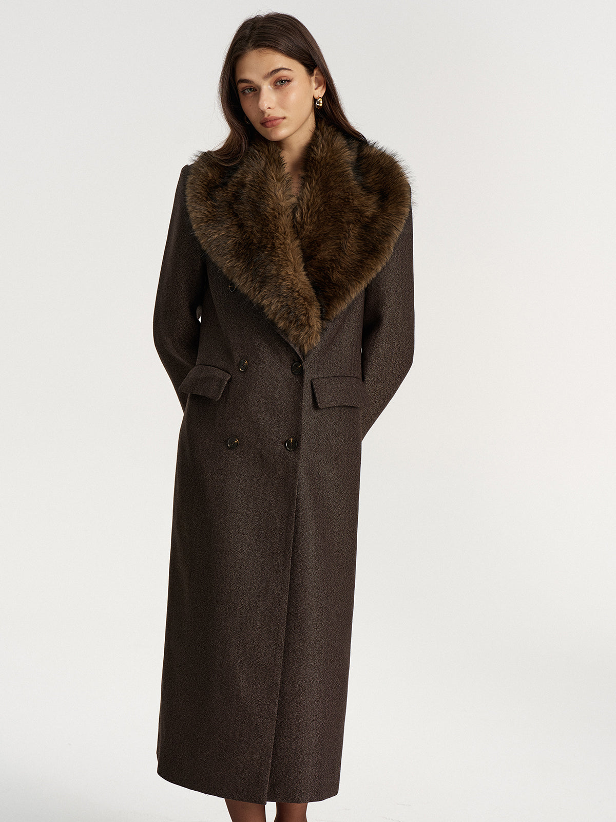 Faux Fur Collar Long Coat without Belt-Chicvia