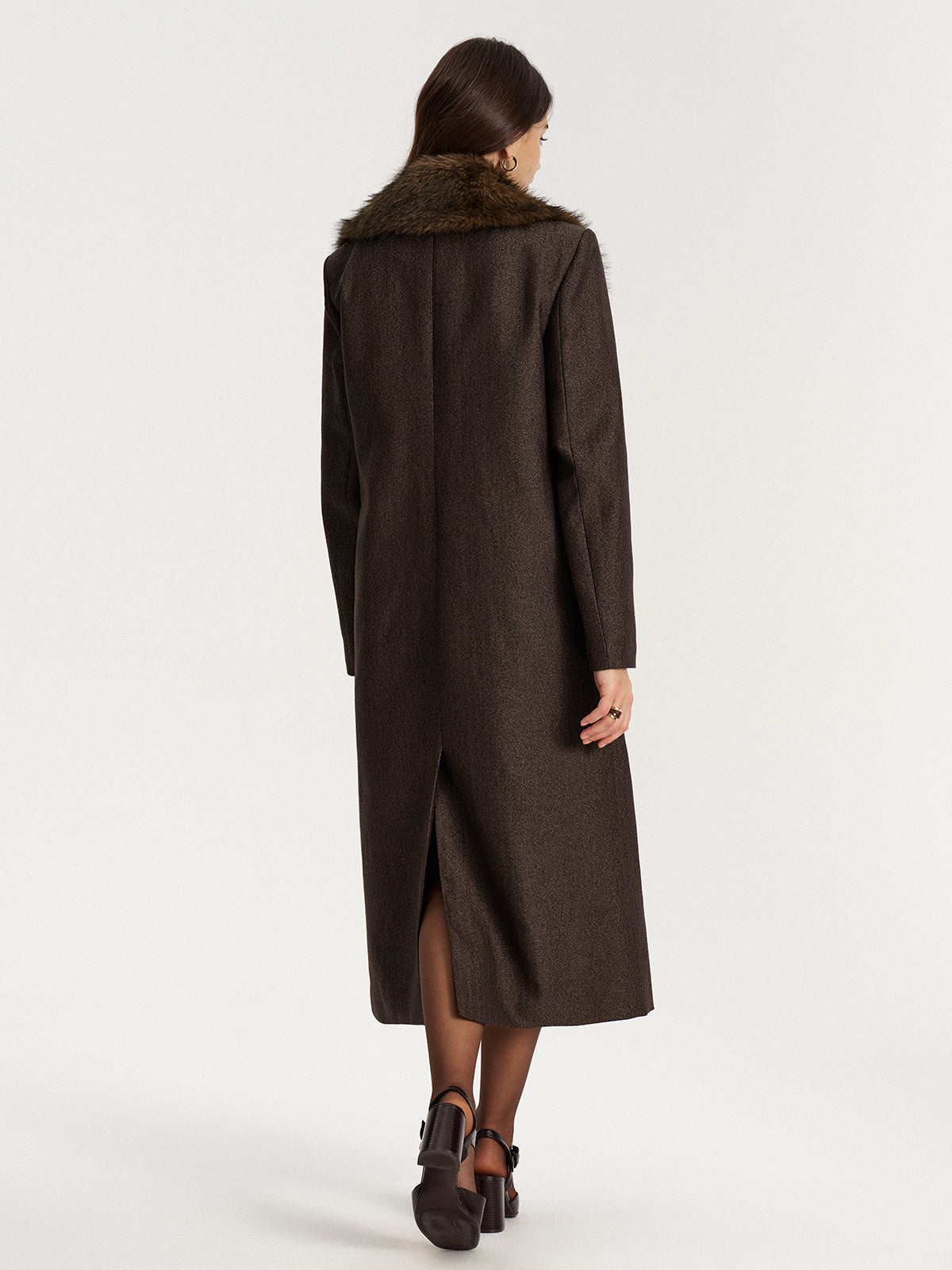 Faux Fur Collar Long Coat without Belt-Chicvia