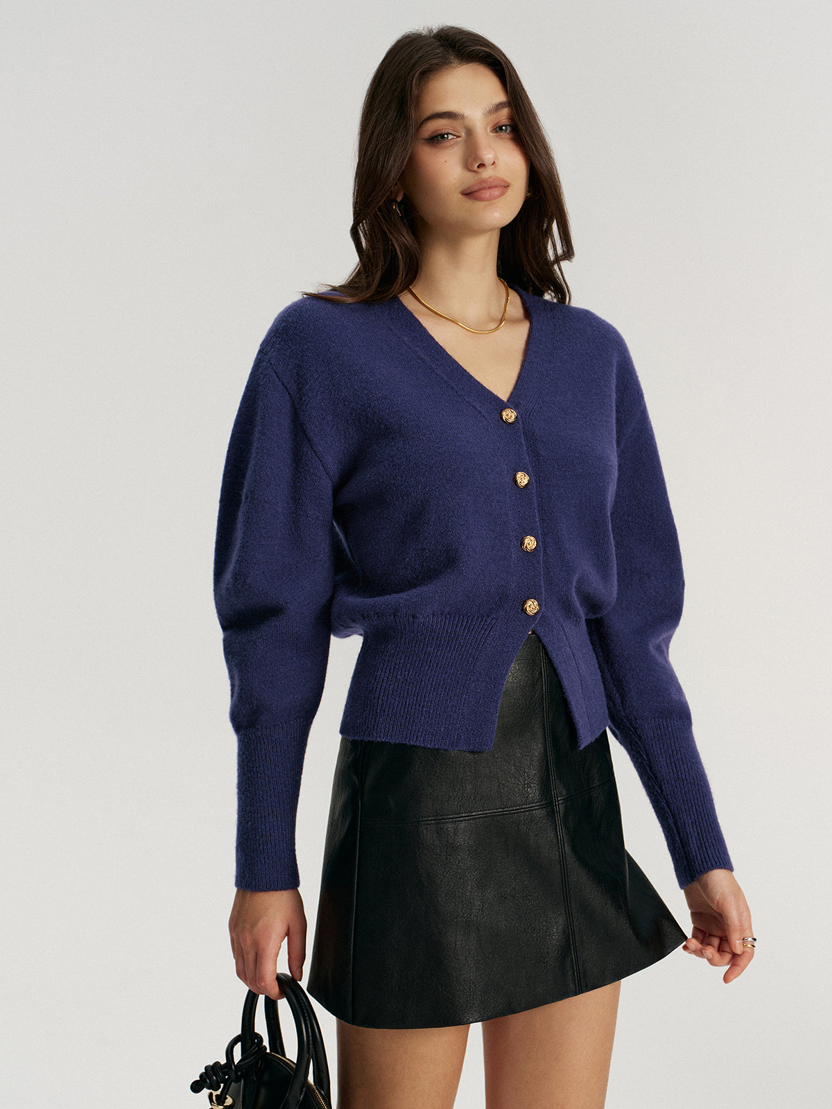 Metal Button V-Neck Knit Cardigan-Chicvia