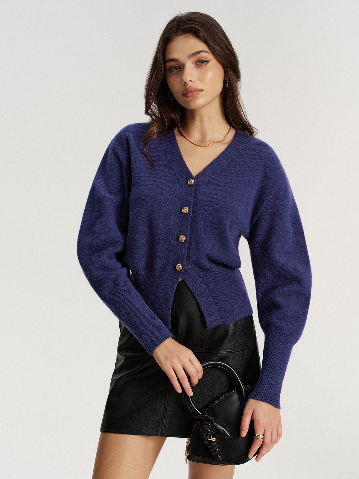 Metal Button V-Neck Knit Cardigan-Chicvia