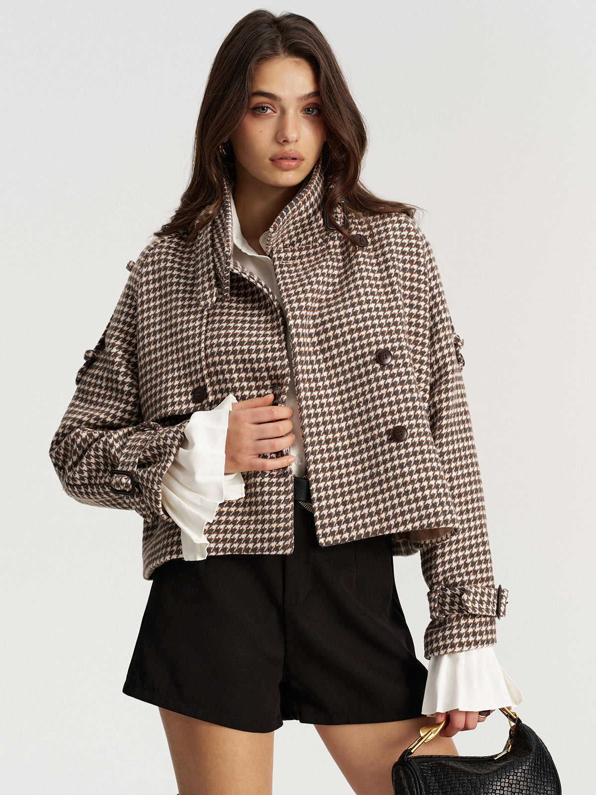 Houndstooth Double-Breasted Tweed Coat-Chicvia