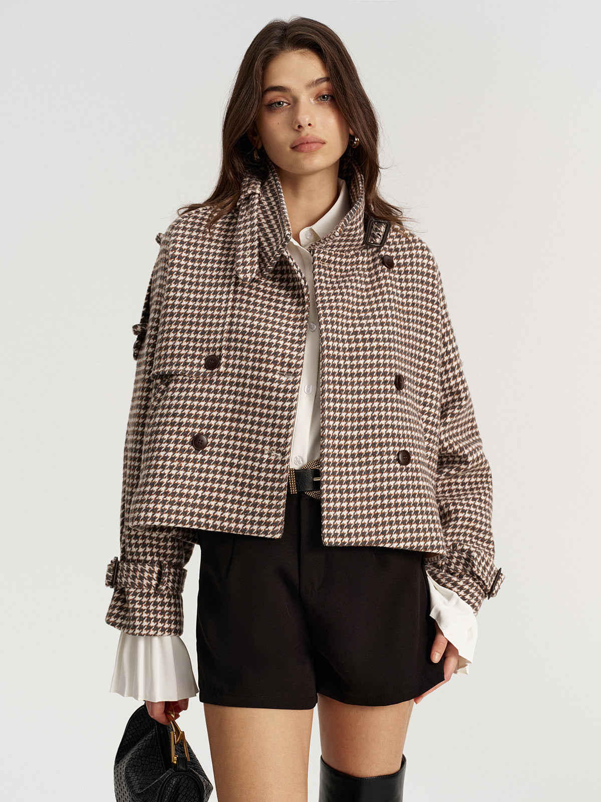 Houndstooth Double-Breasted Tweed Coat-Chicvia