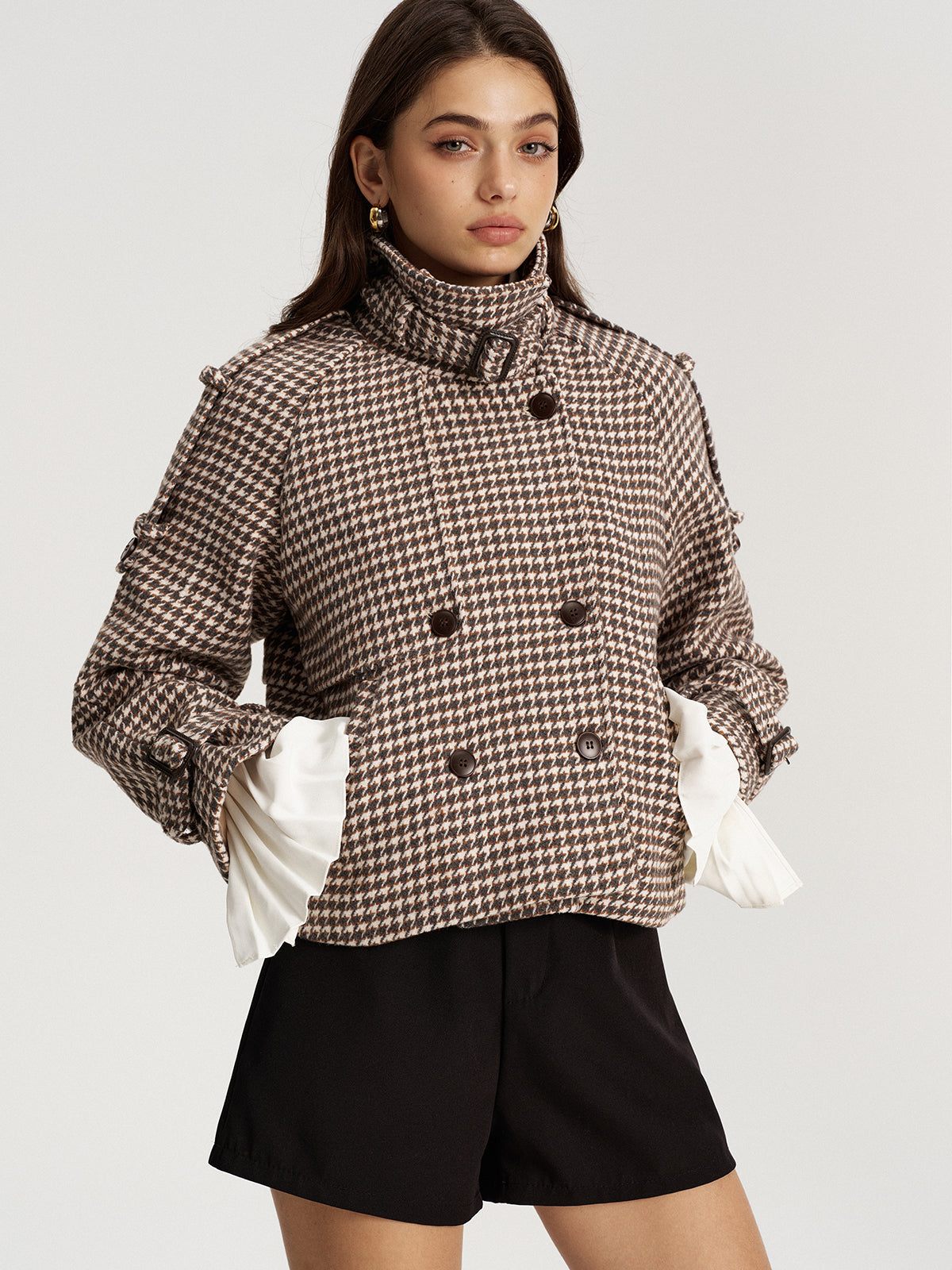 Houndstooth Double-Breasted Tweed Coat-Chicvia