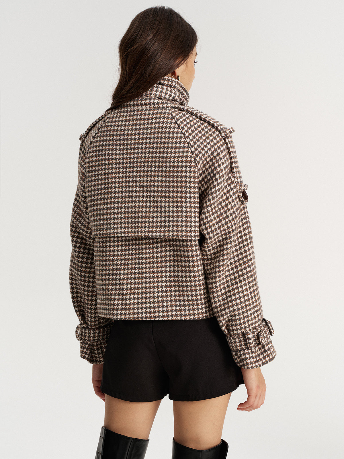 Houndstooth Double-Breasted Tweed Coat-Chicvia