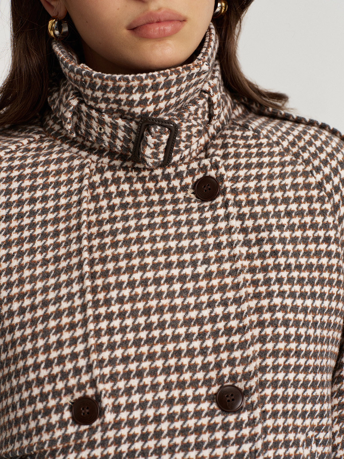 Houndstooth Double-Breasted Tweed Coat-Chicvia