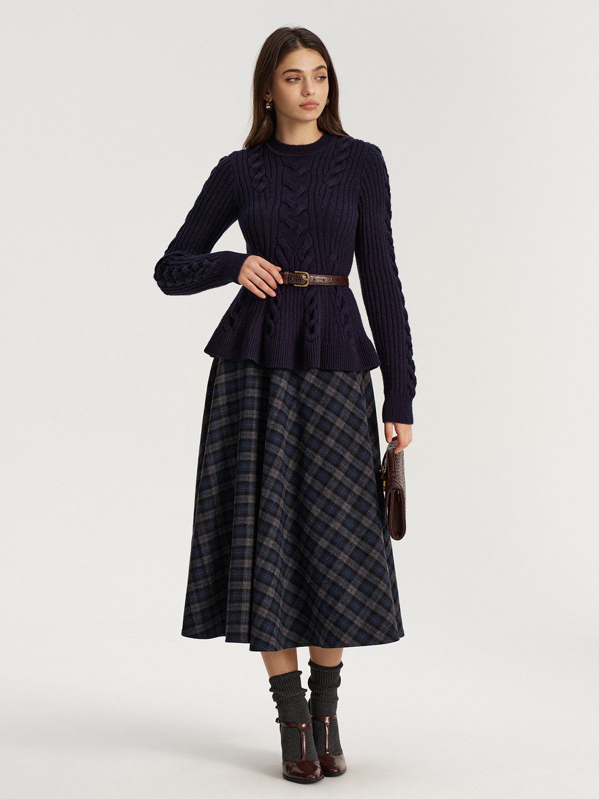 Plaid Tweed Midi Skirt-Chicvia