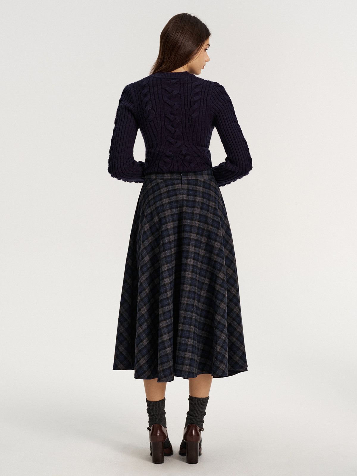 Plaid Tweed Midi Skirt-Chicvia