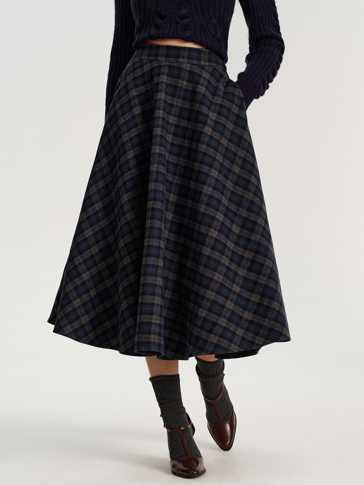 Plaid Tweed Midi Skirt-Chicvia