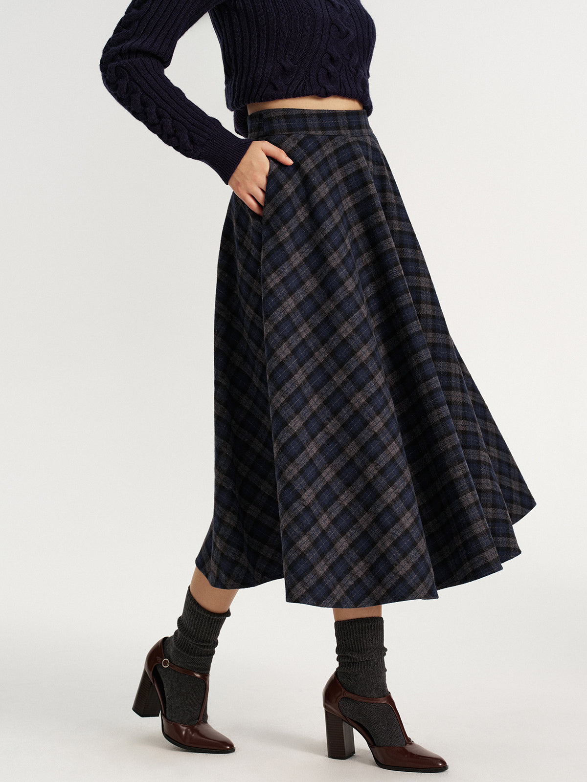 Plaid Tweed Midi Skirt-Chicvia