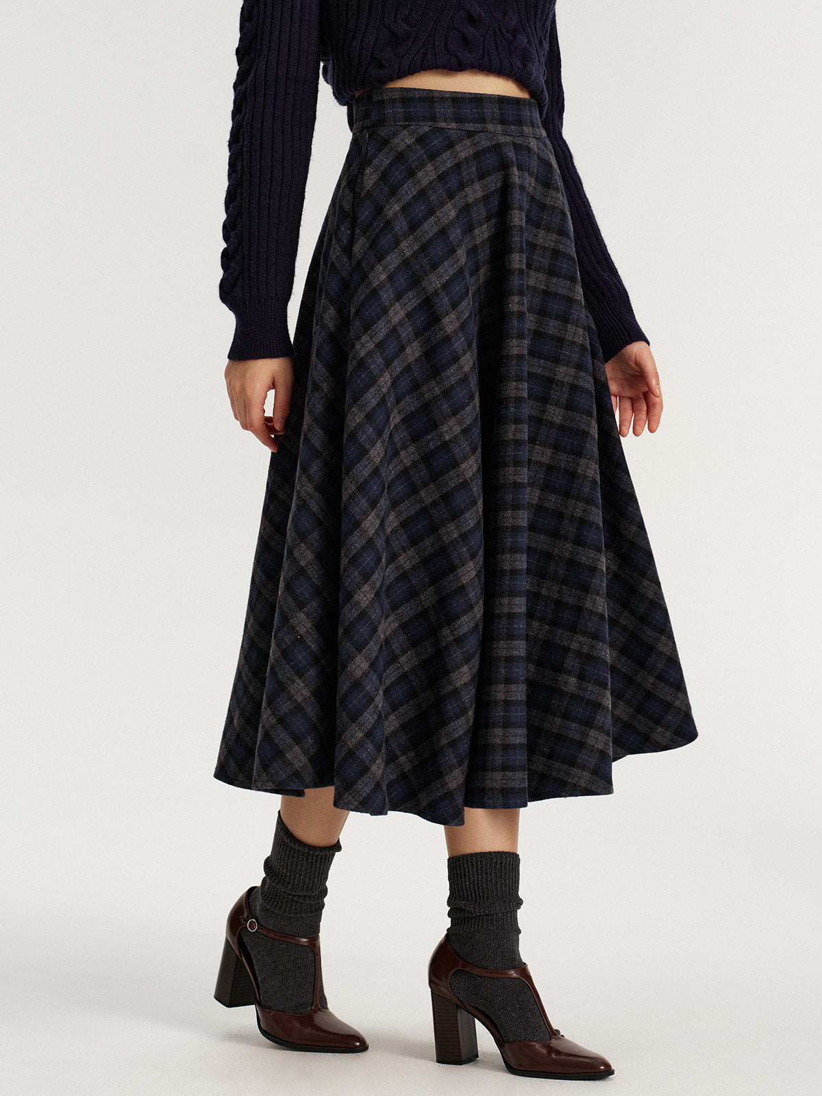 Plaid Tweed Midi Skirt-Chicvia