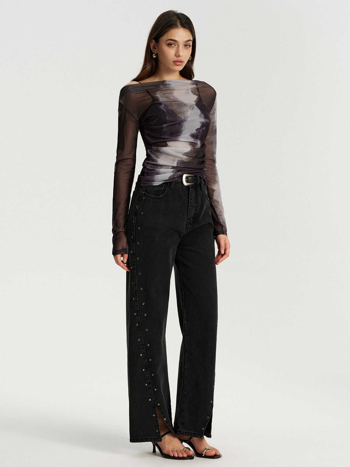 Mesh Tie-Dye Off-Shoulder Long Sleeve T-Shirt-Chicvia