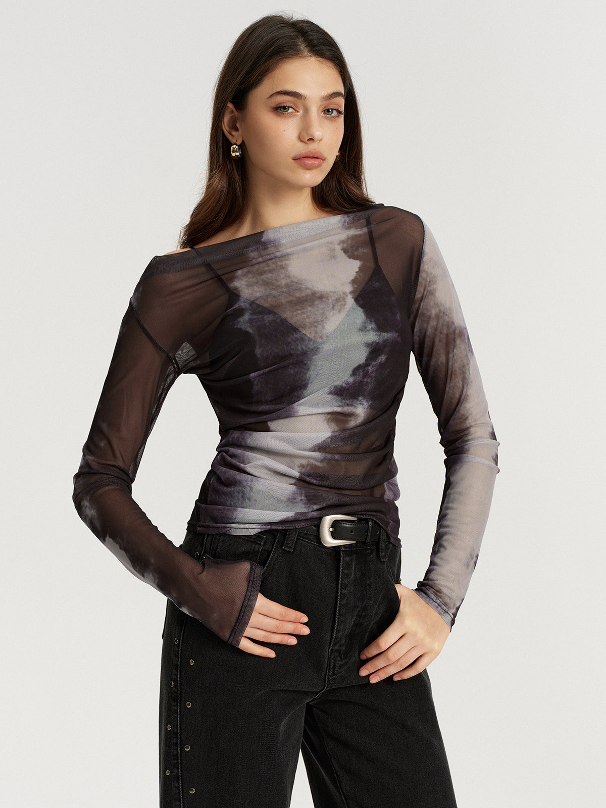 Mesh Tie-Dye Off-Shoulder Long Sleeve T-Shirt-Chicvia