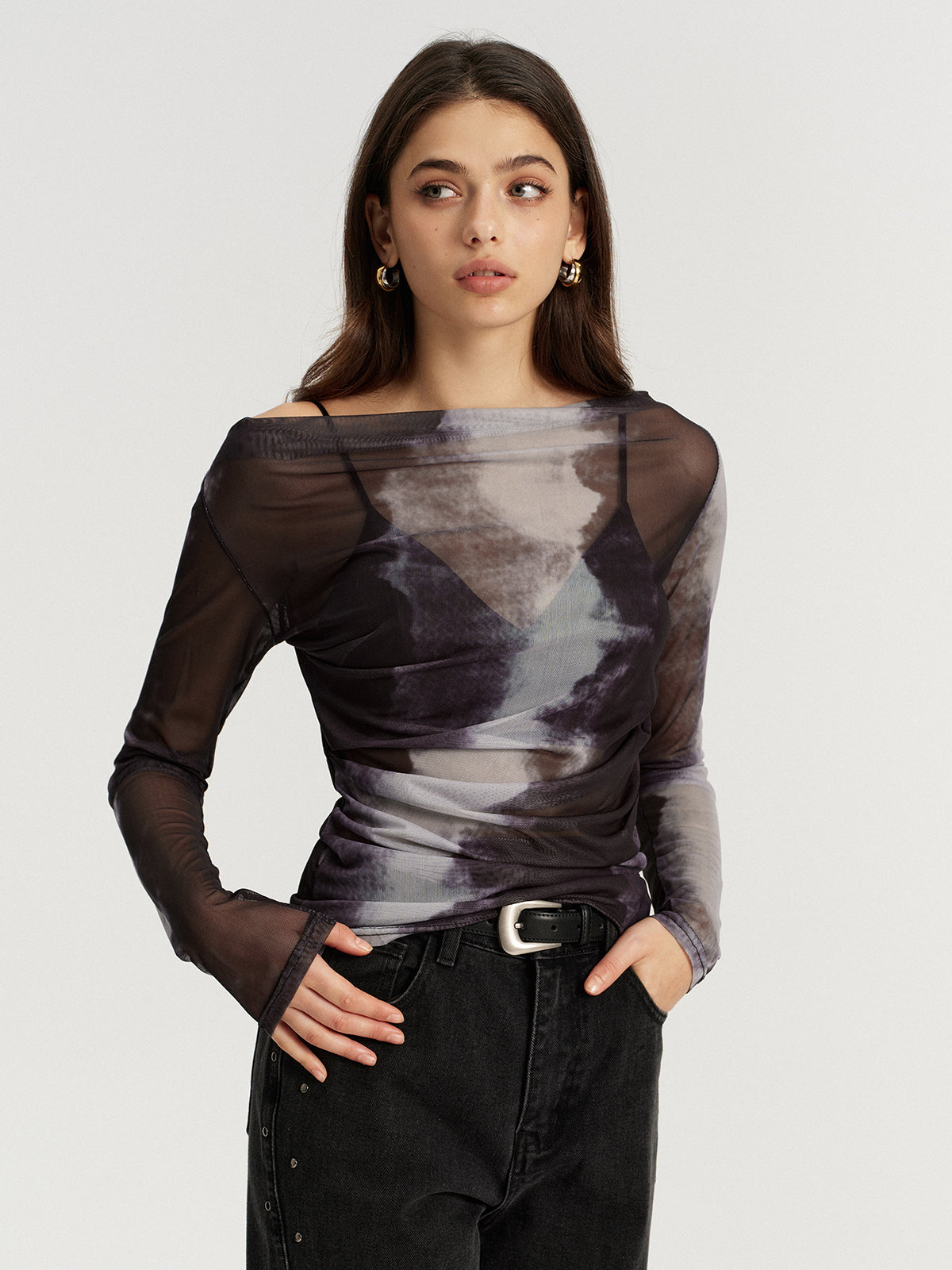 Mesh Tie-Dye Off-Shoulder Long Sleeve T-Shirt-Chicvia