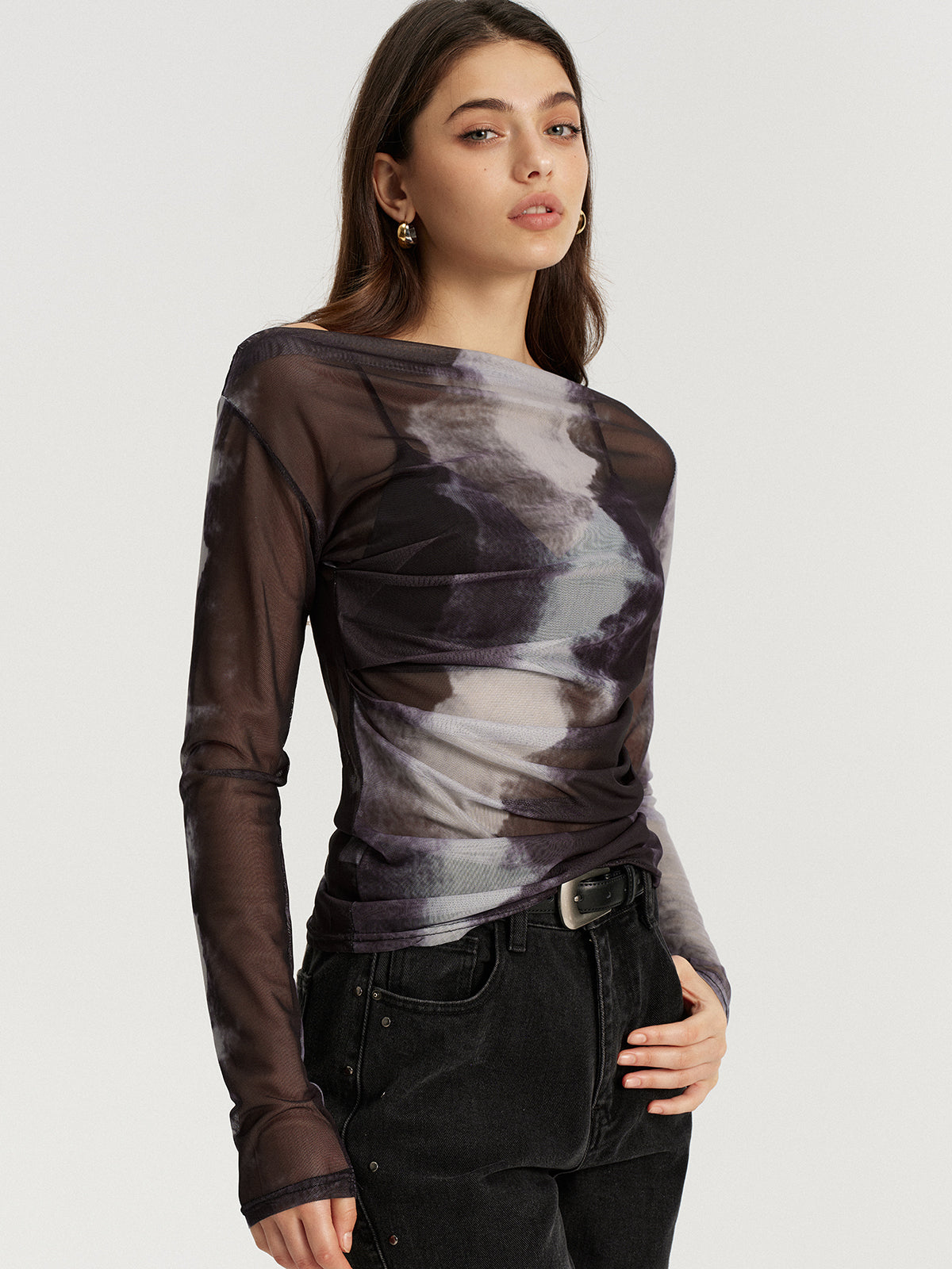 Mesh Tie-Dye Off-Shoulder Long Sleeve T-Shirt-Chicvia