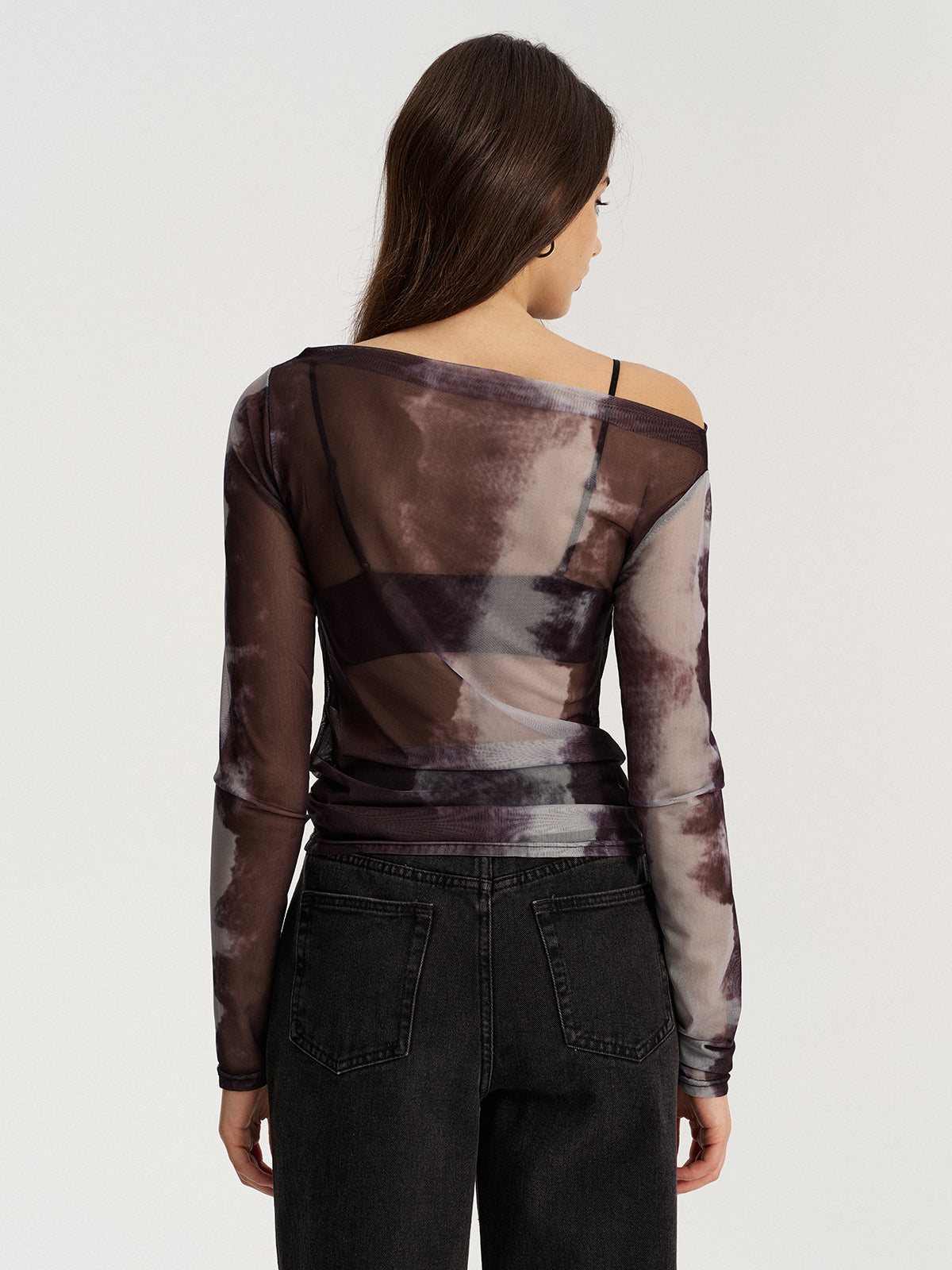 Mesh Tie-Dye Off-Shoulder Long Sleeve T-Shirt-Chicvia