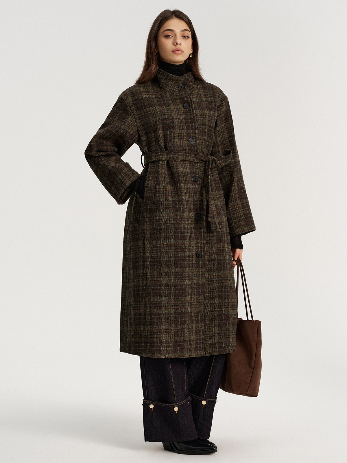 Belted Plaid Tweed Long Coat-Chicvia