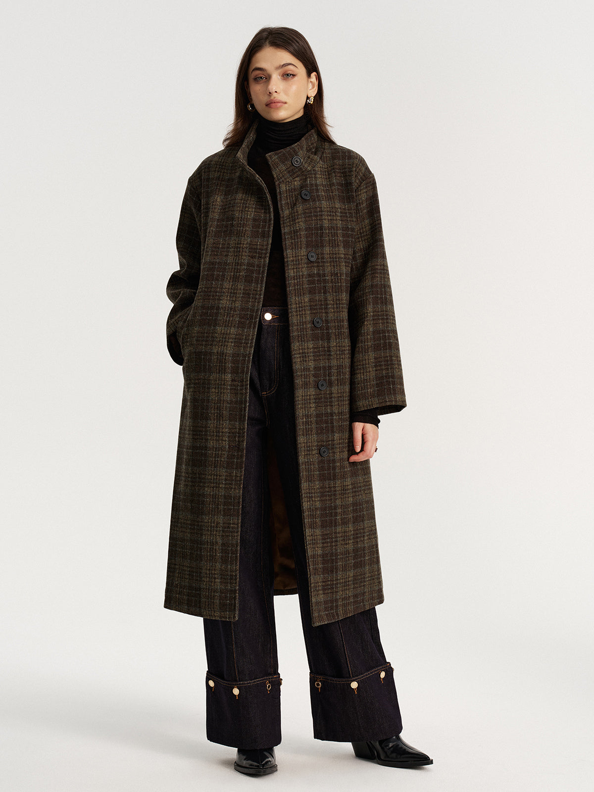 Belted Plaid Tweed Long Coat-Chicvia