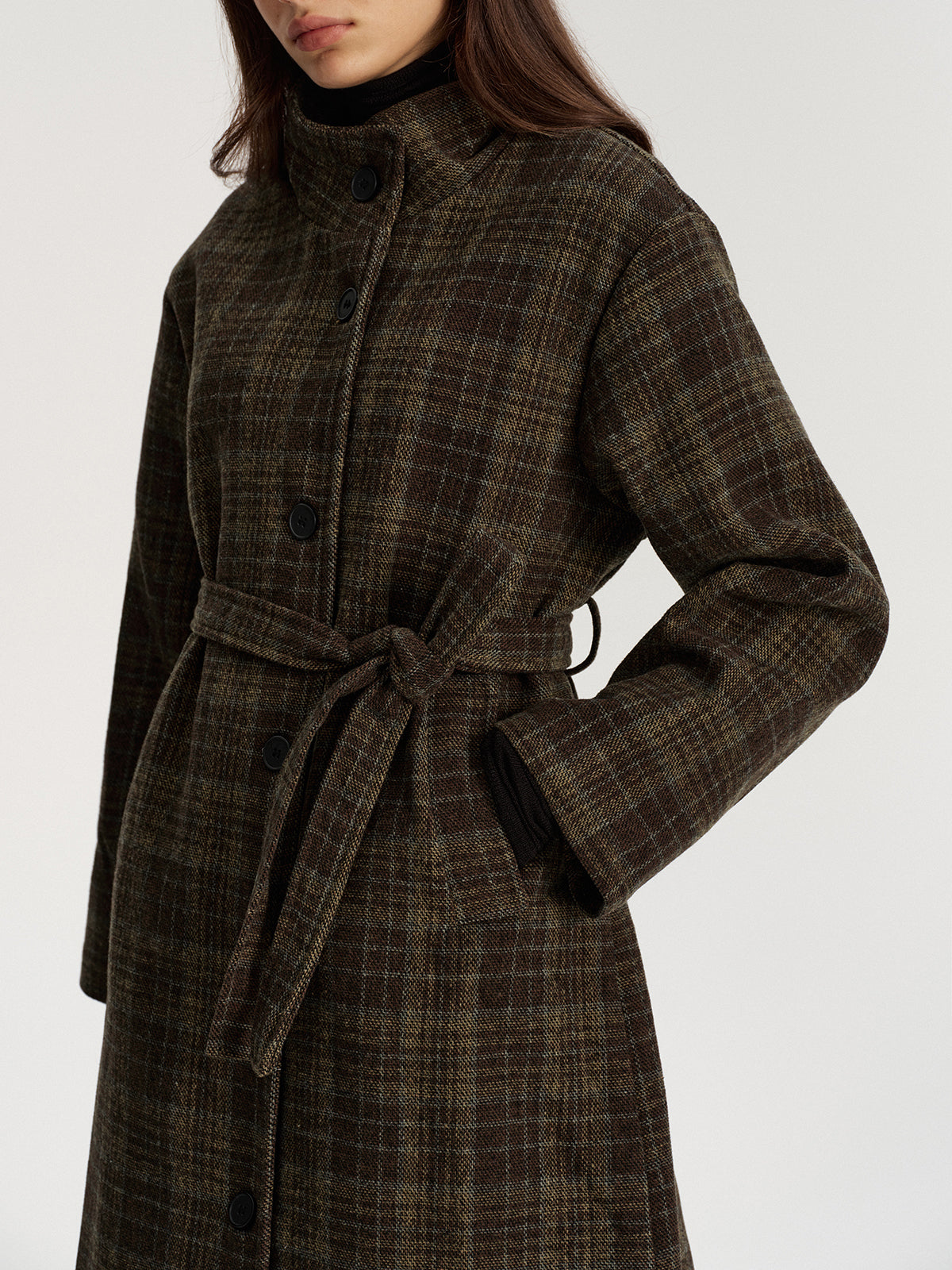 Belted Plaid Tweed Long Coat-Chicvia