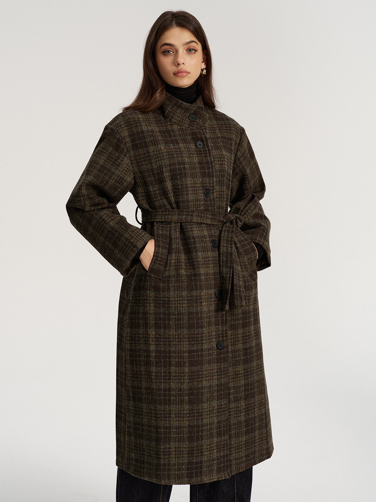 Belted Plaid Tweed Long Coat-Chicvia