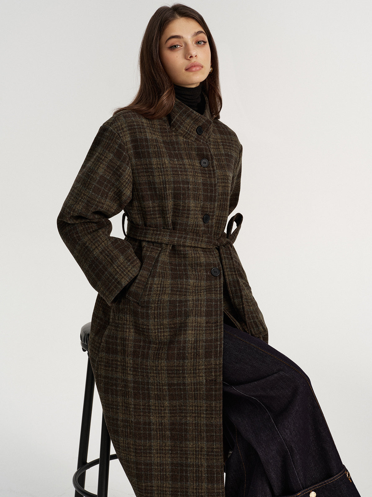 Belted Plaid Tweed Long Coat-Chicvia