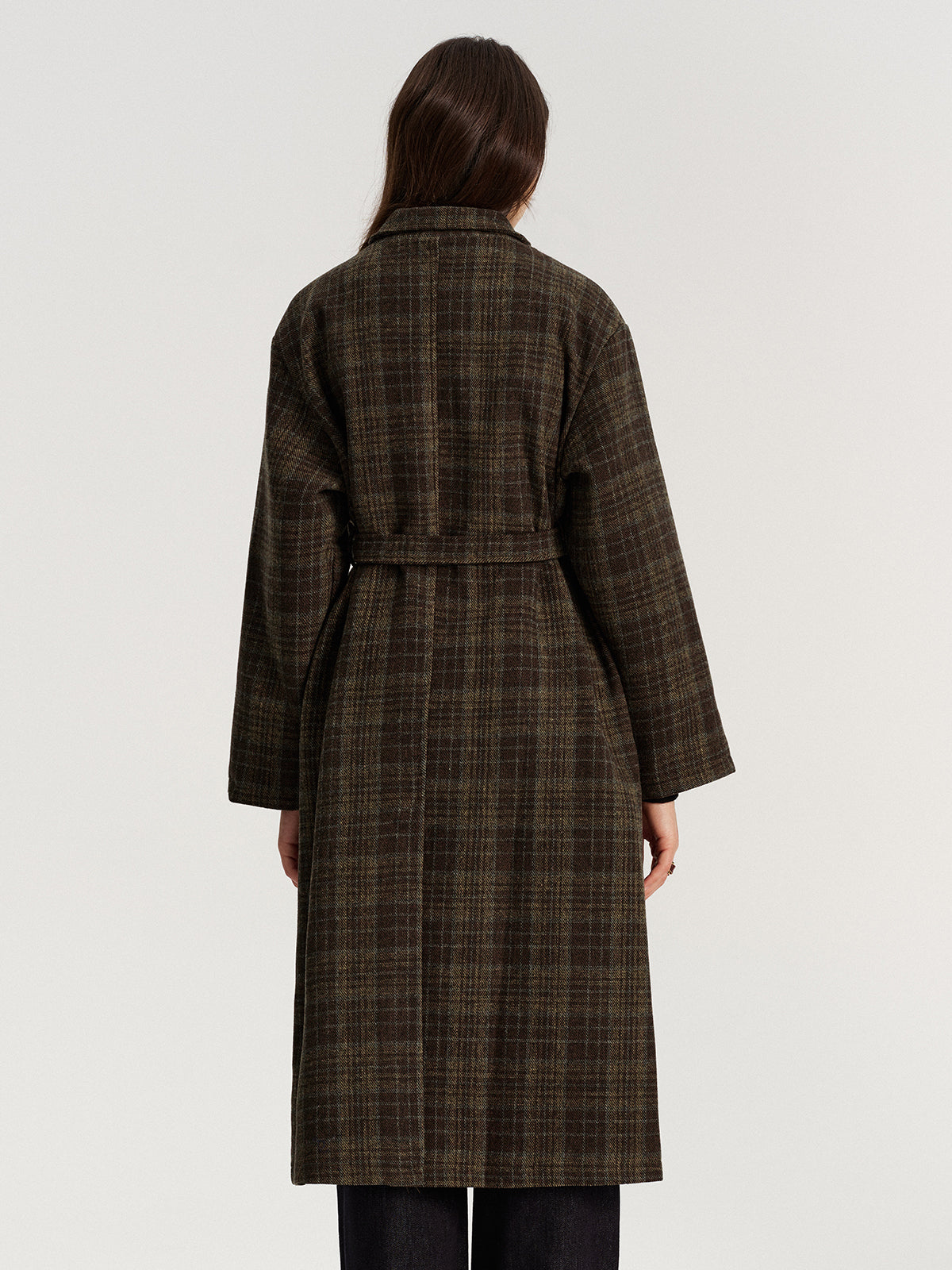 Belted Plaid Tweed Long Coat-Chicvia