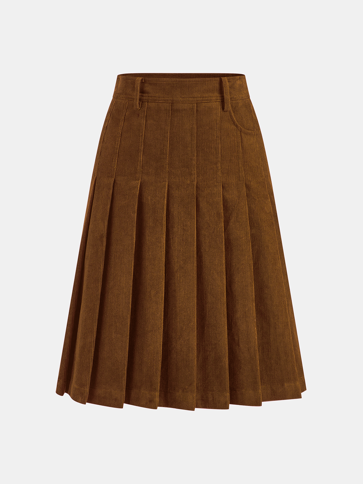 Pleated Corduroy Midi Skirt-Chicvia