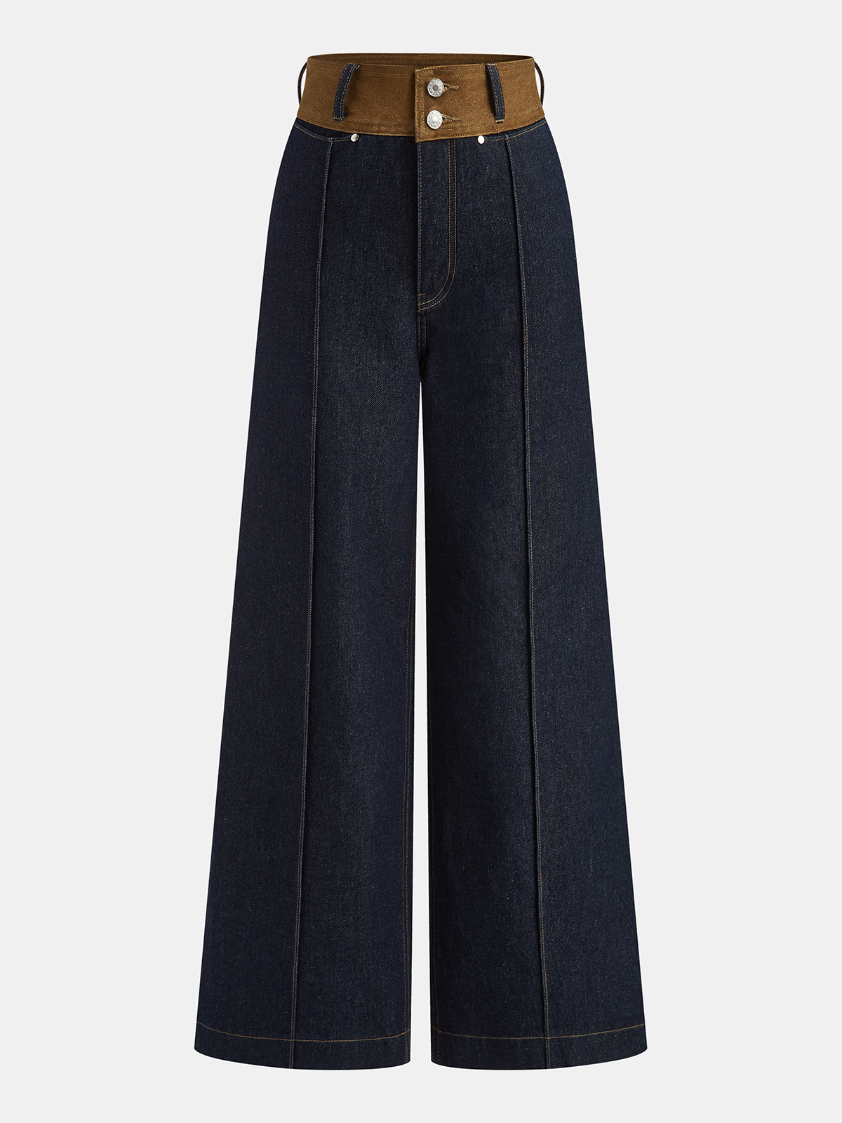 Contrast Waistband Denim Straight-Leg Pants-Chicvia
