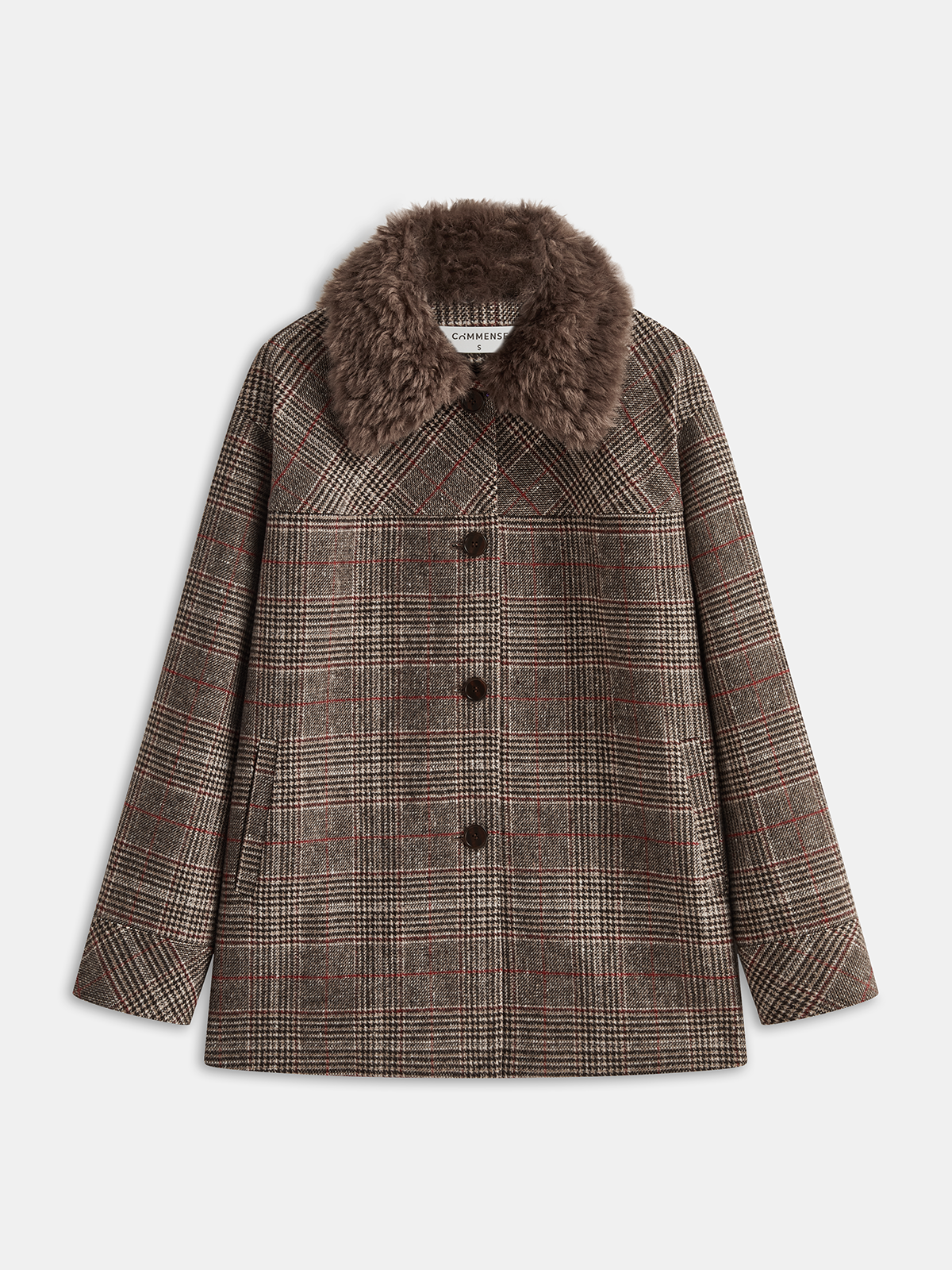 Faux Fur Collar Plaid Coat-Chicvia