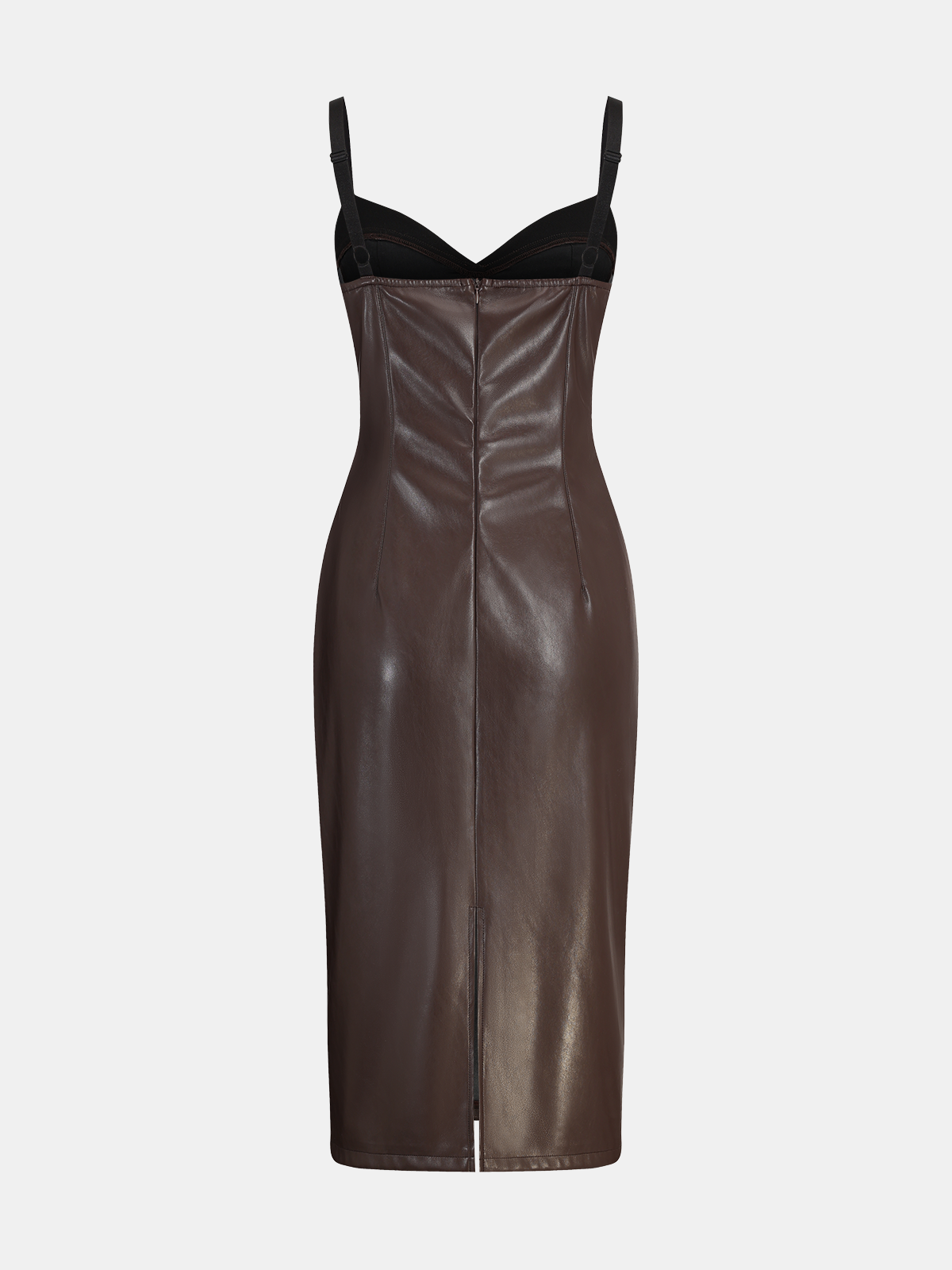 Faux Leather Sweetheart Neckline Slip Midi Dress-Chicvia