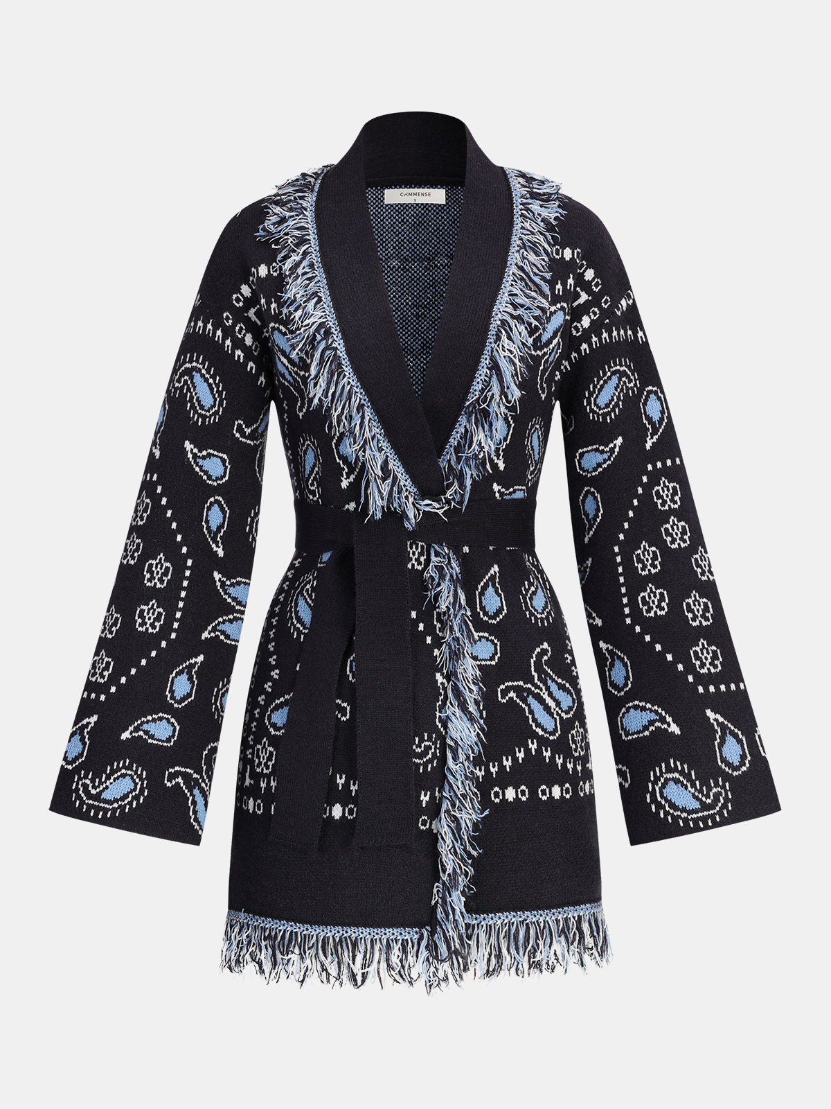 Belted Paisley Fringe Knit Cardigan-Chicvia