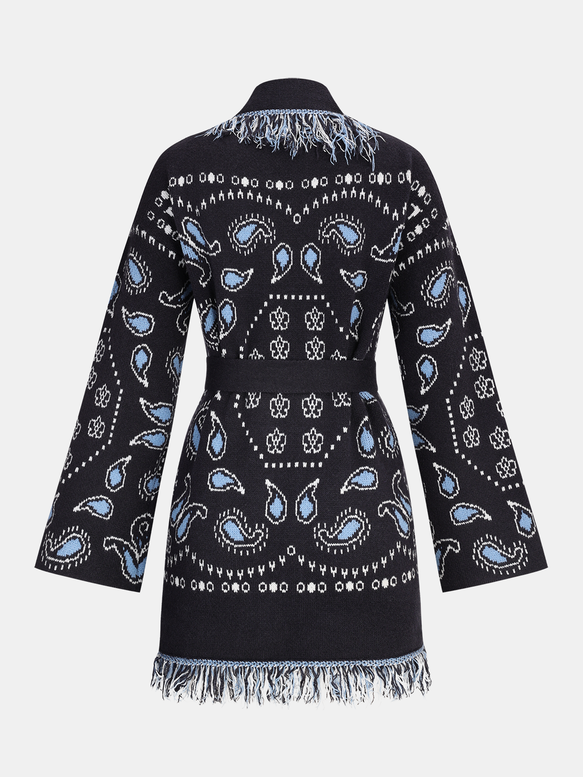 Belted Paisley Fringe Knit Cardigan-Chicvia