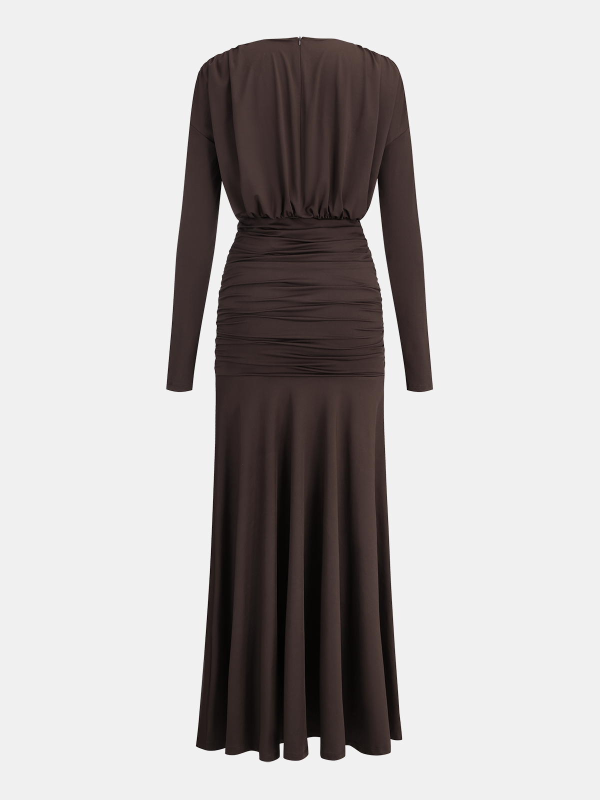 Long-Sleeve Ruched Waist Mermaid Maxi Dress-Chicvia