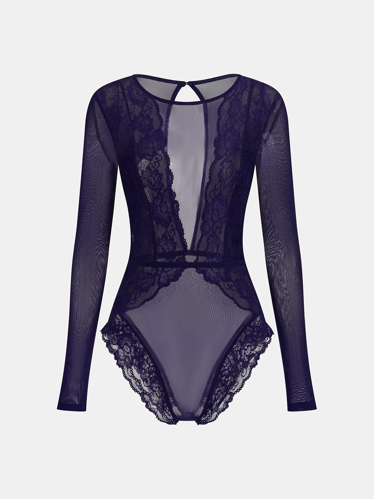 Long Sleeve Sheer Lace Mesh Bodysuit-Chicvia