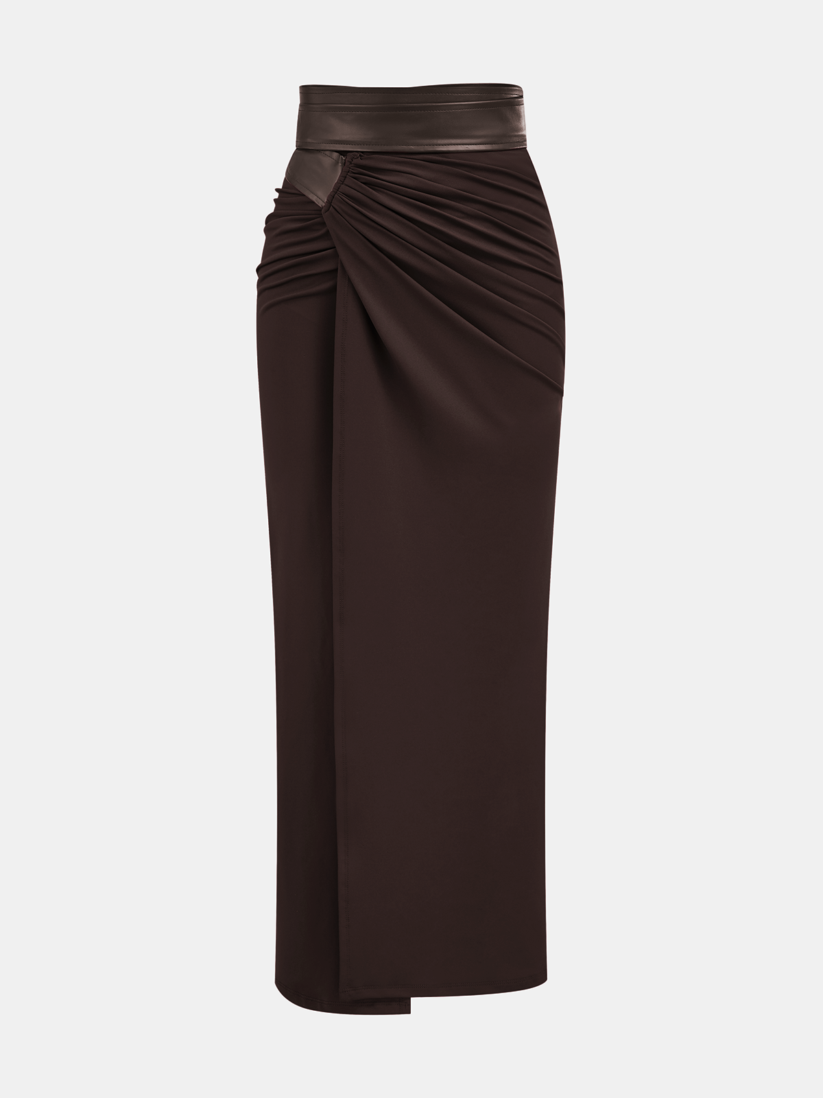 Faux Leather Panel Ruched Midi Skirt-Chicvia
