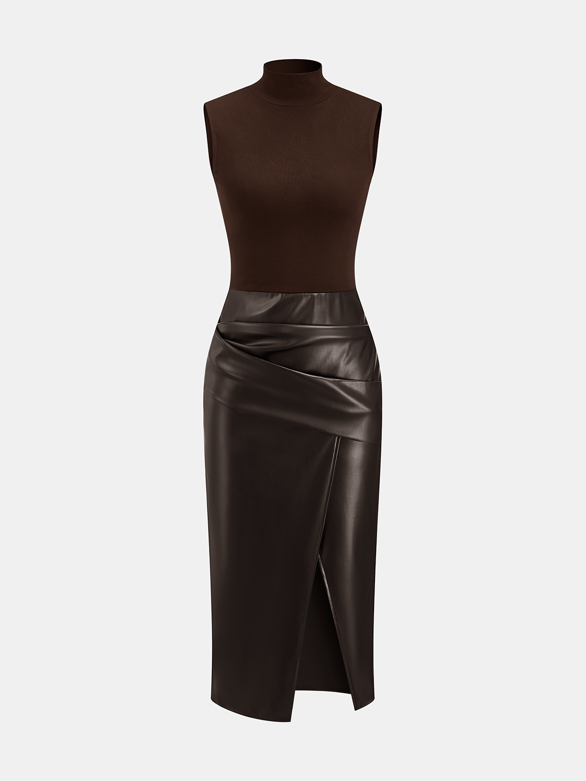 Faux Leather Panel Mock Neck Sleeveless Dress-Chicvia