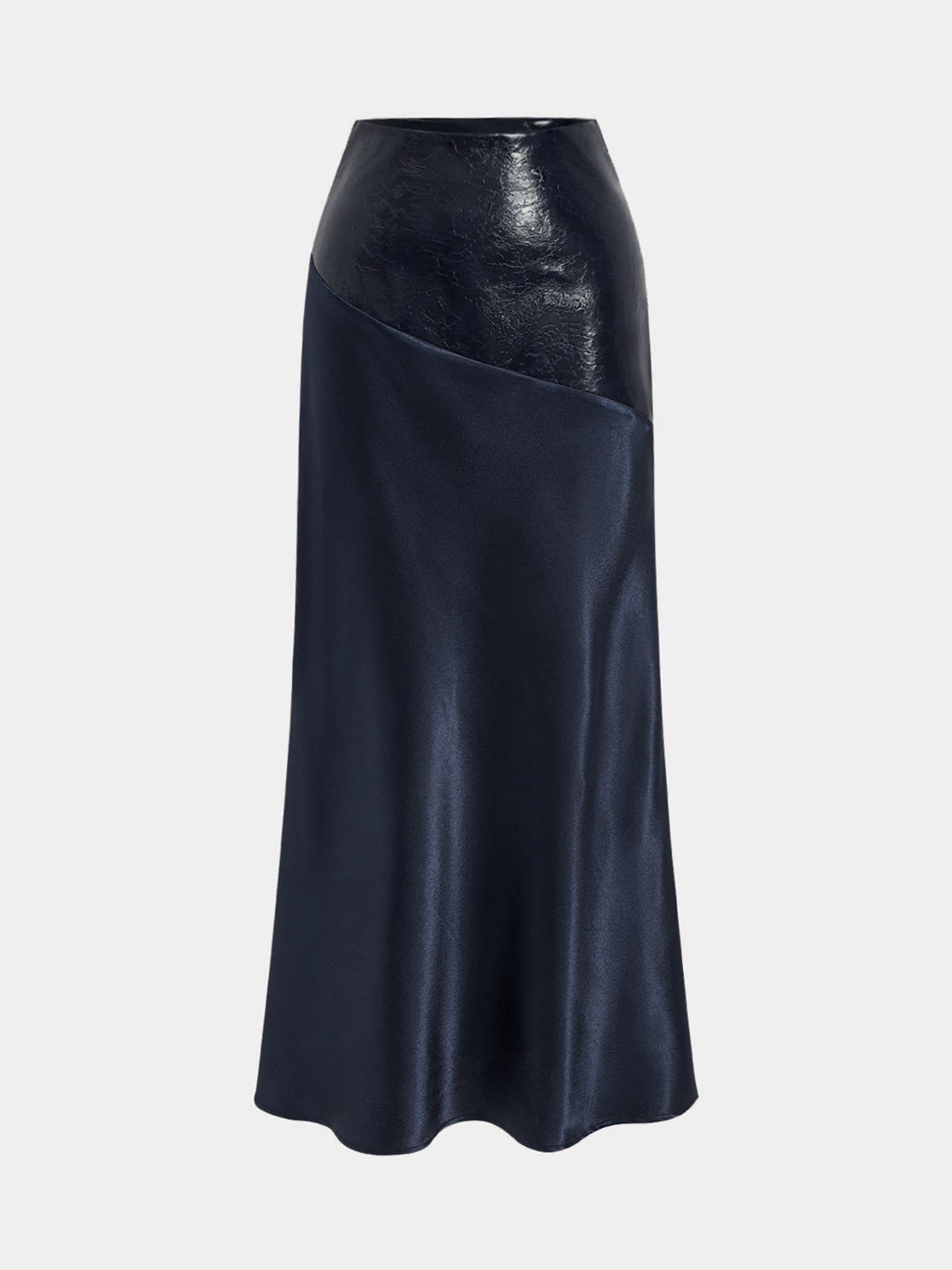 Faux Leather Panel Asymmetric Satin Maxi Skirt-Chicvia
