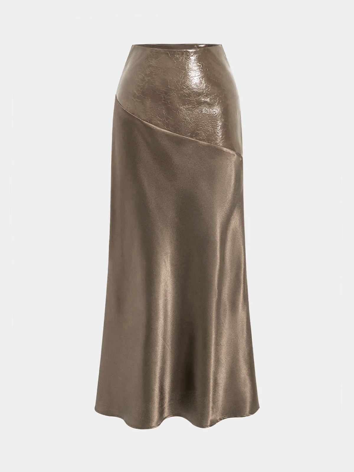 Faux Leather Panel Asymmetric Satin Maxi Skirt-Chicvia