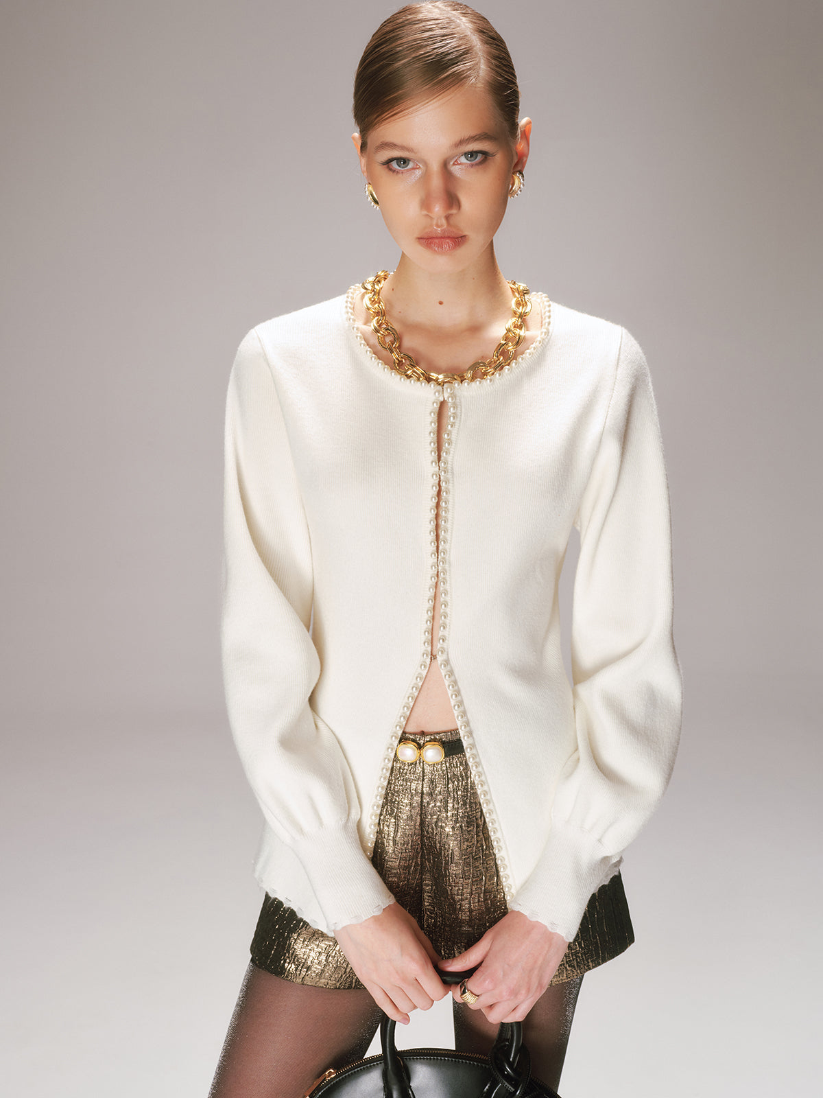 Pearl Trim Knit Cardigan-Chicvia