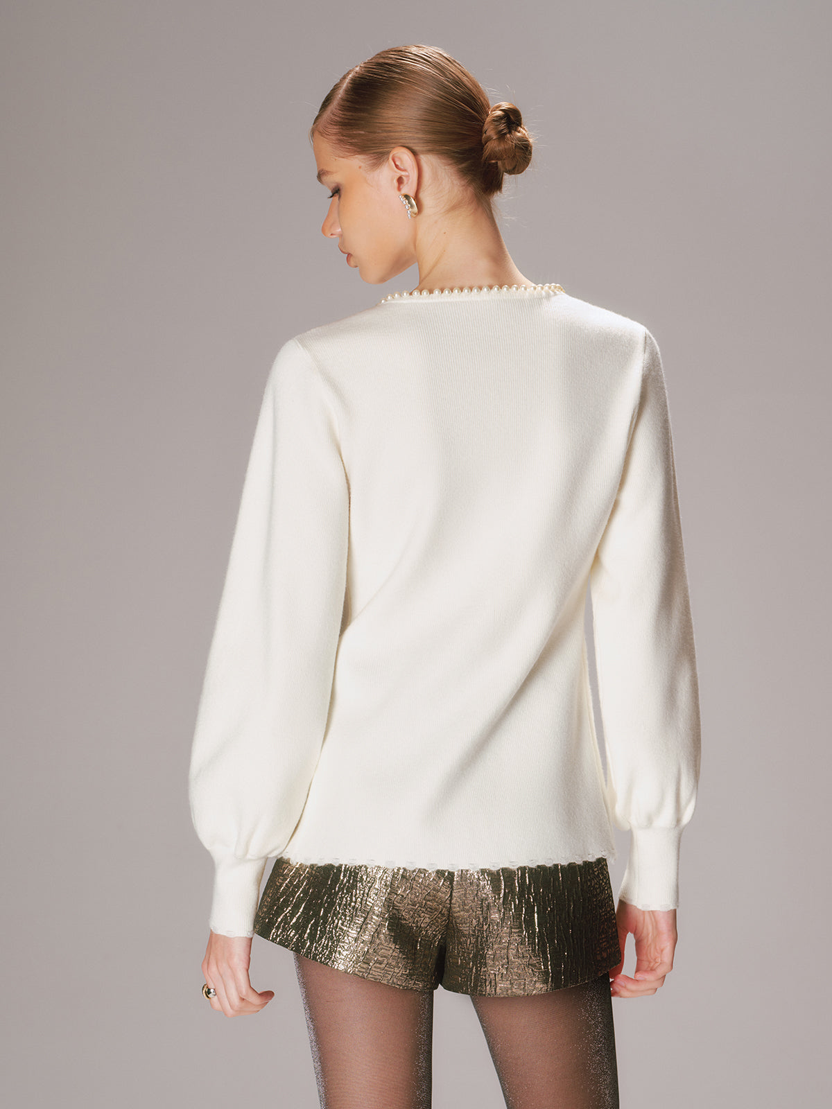 Pearl Trim Knit Cardigan-Chicvia