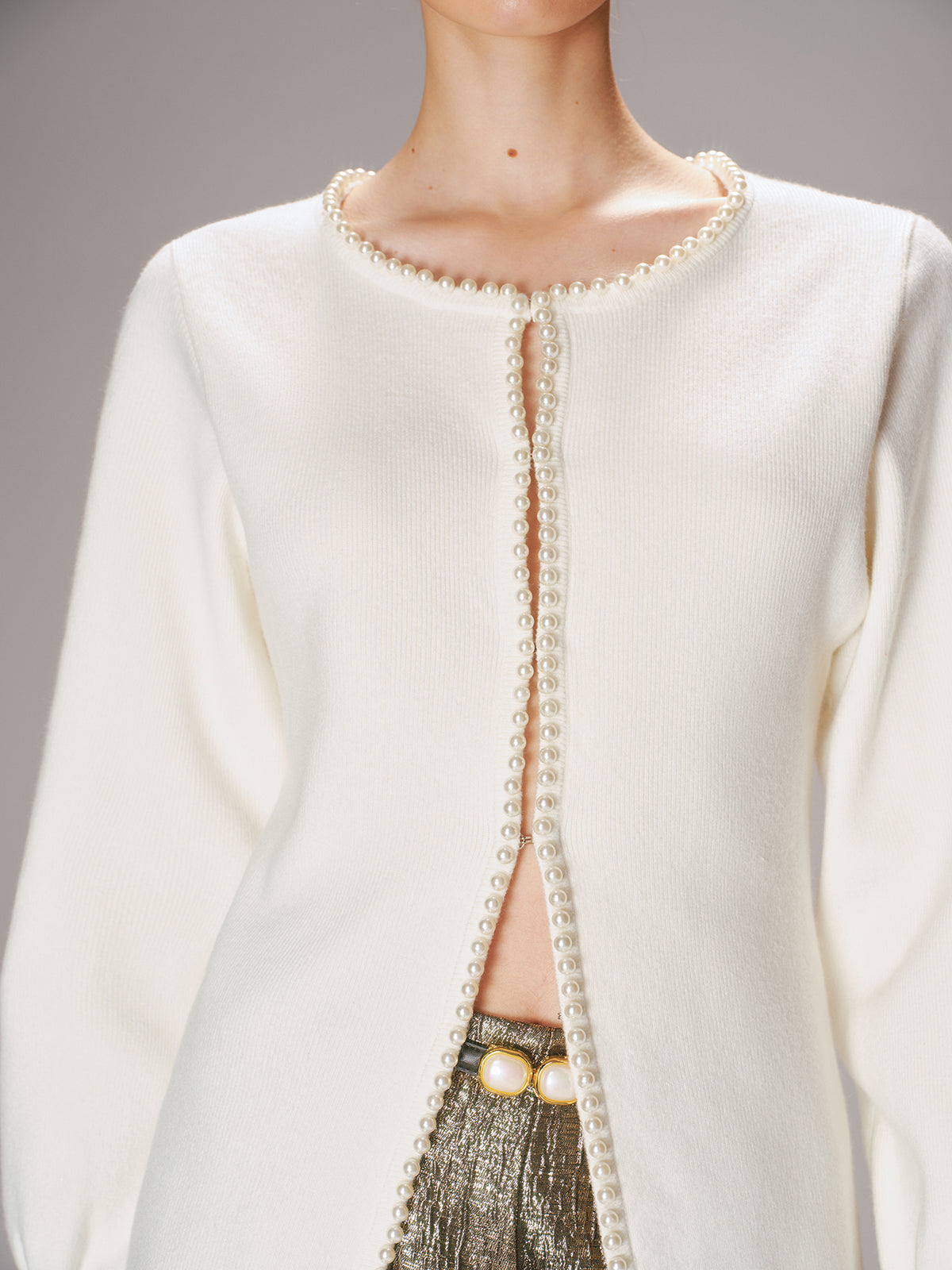 Pearl Trim Knit Cardigan-Chicvia