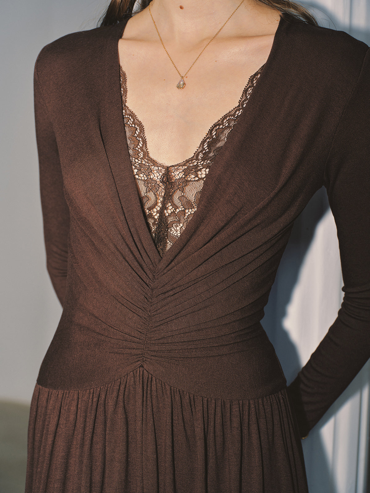 Lace V-Neck Ruched Maxi Dress-Chicvia