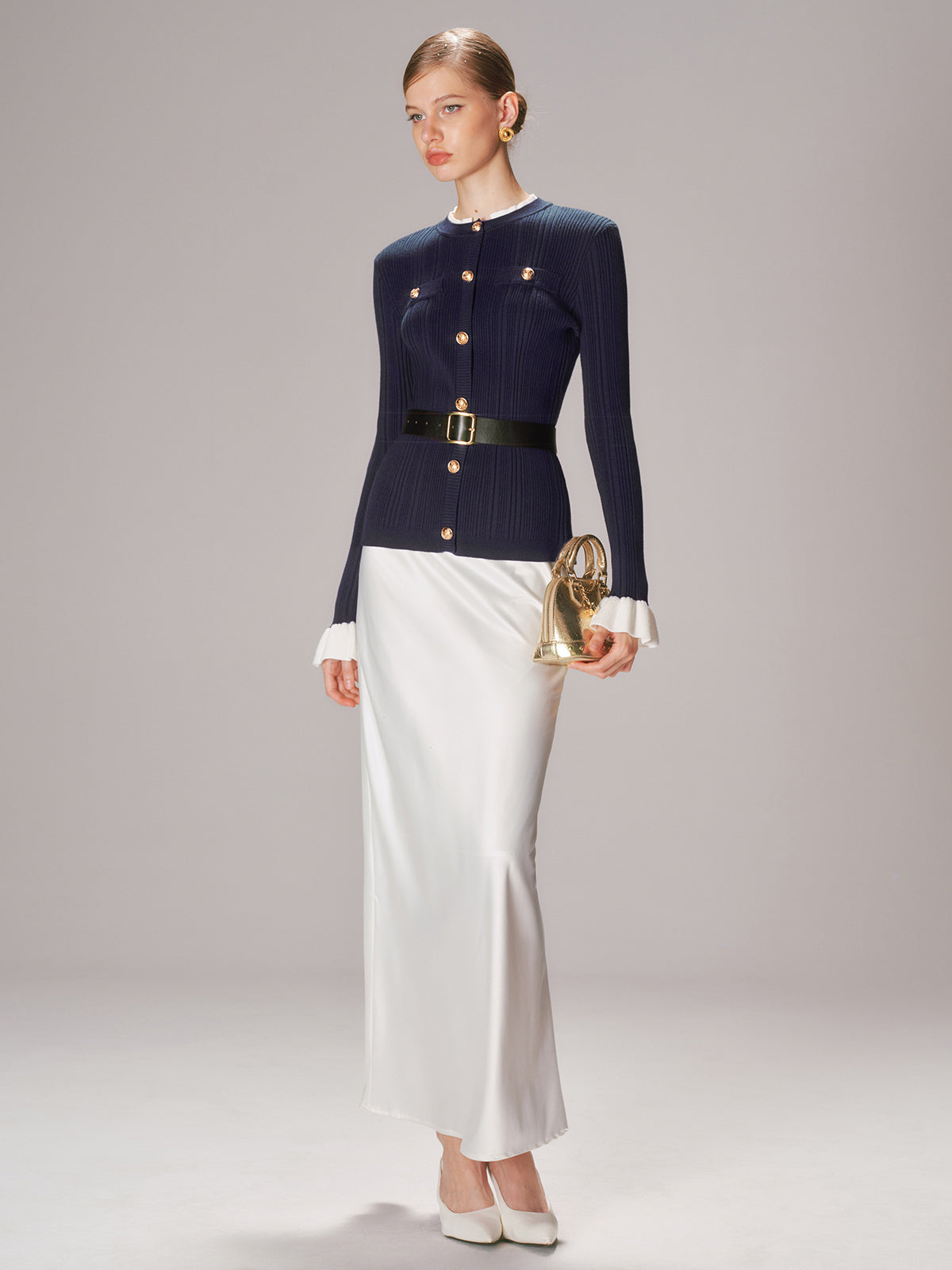 Belted Metal Button Ribbed Knit Top-Chicvia