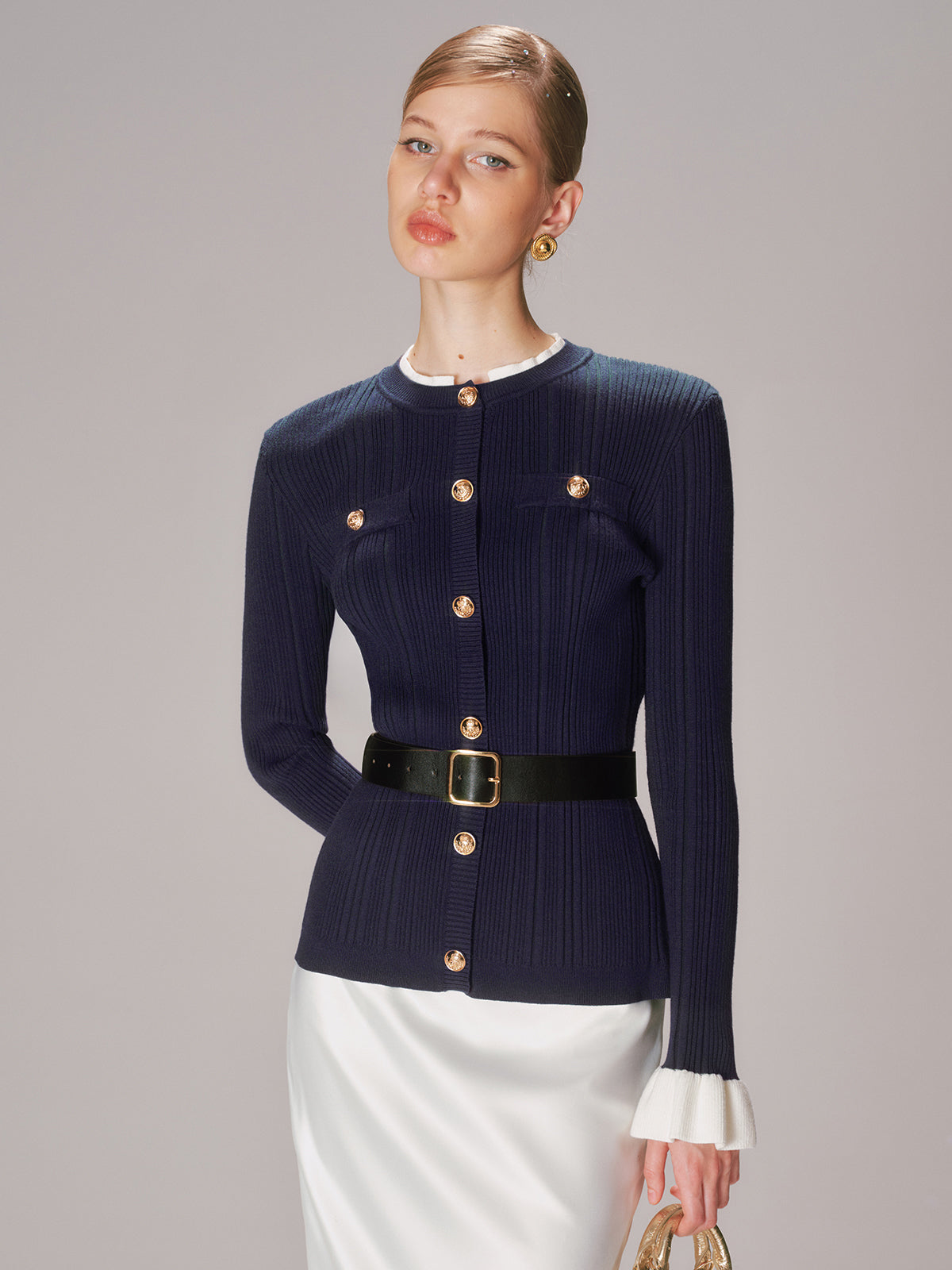 Belted Metal Button Ribbed Knit Top-Chicvia