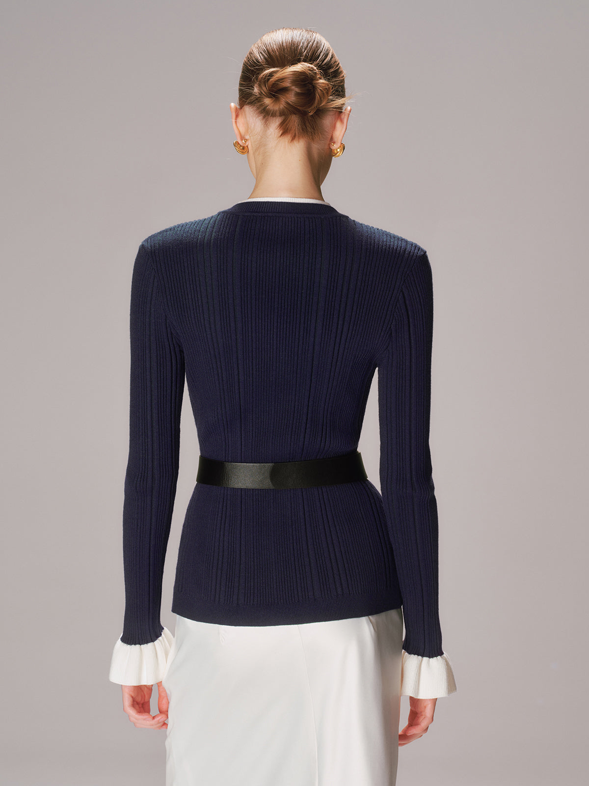 Belted Metal Button Ribbed Knit Top-Chicvia