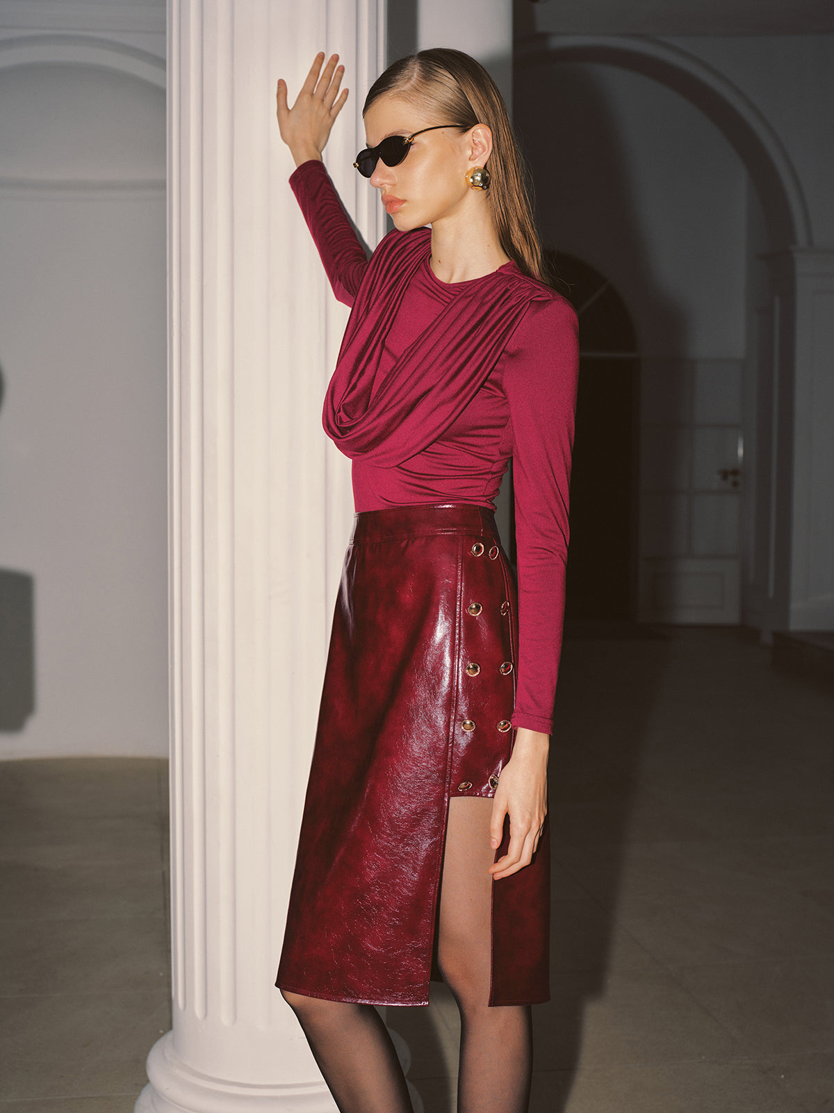 Long-Sleeve Draped Neck Top-Chicvia