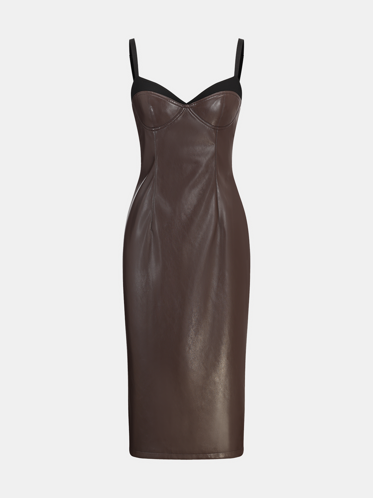 Faux Leather Sweetheart Neckline Slip Midi Dress-Chicvia